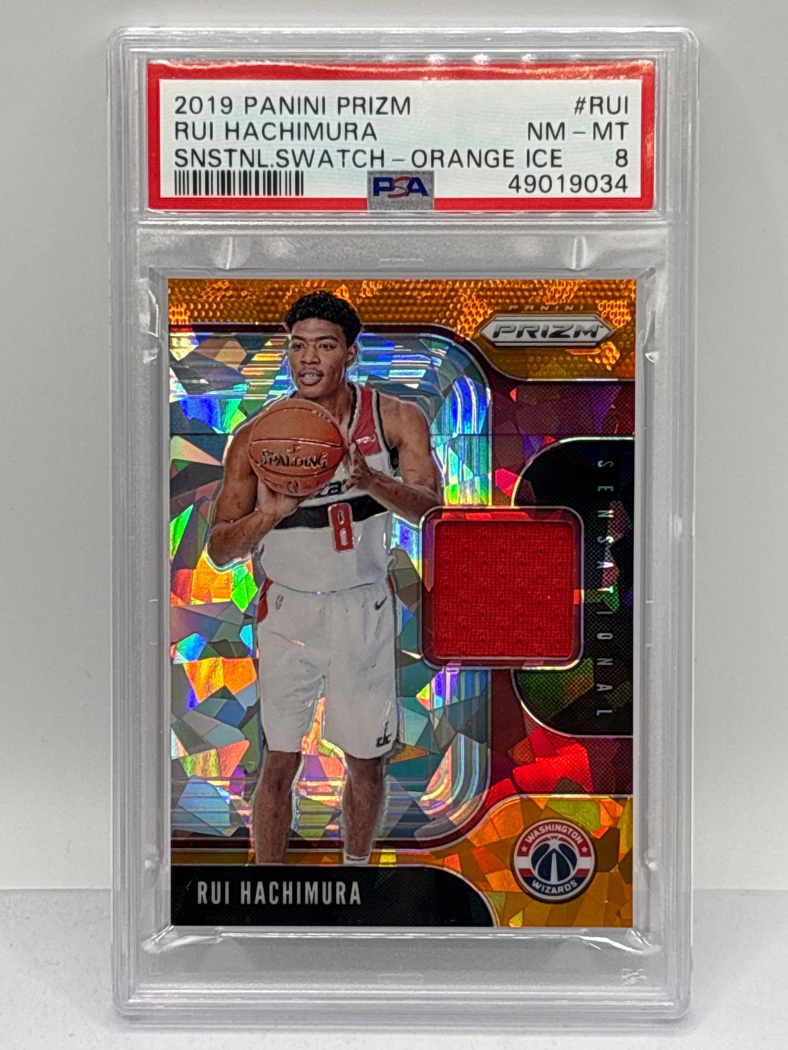 2019 PANINI PRIZM RUI HACHIMURA SENSATIONAL SWATCH ORANGE CRACKED ICE  PRIZM HOLO RC PSA NM-MT 8 (1 of 5)