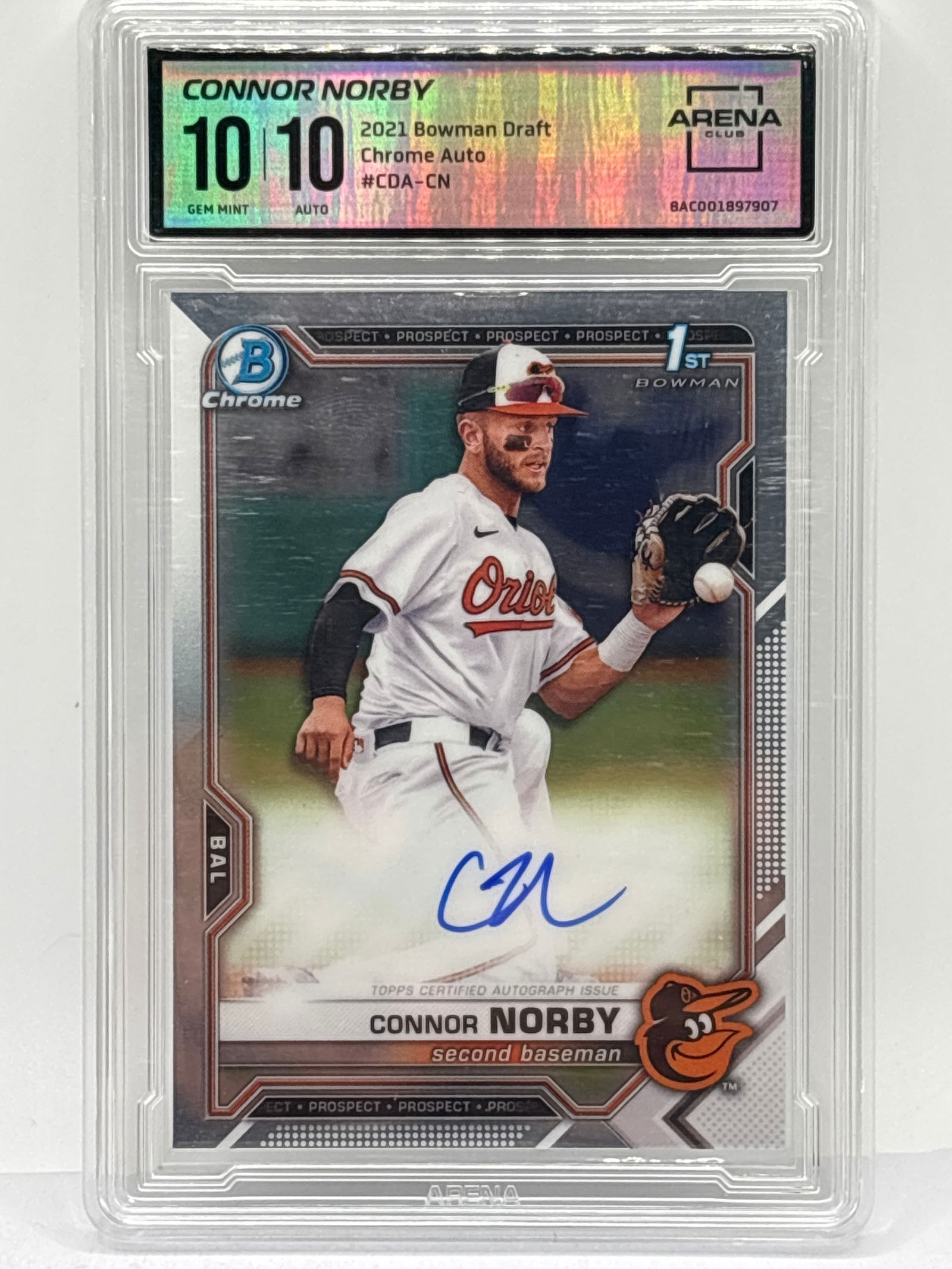 2021 BOWMAN DRAFT CHROME CONNOR NORBY 1ST BOWMAN ROOKIE AUTO GRADED ARENA GEM MINT 10 (1 of 3)