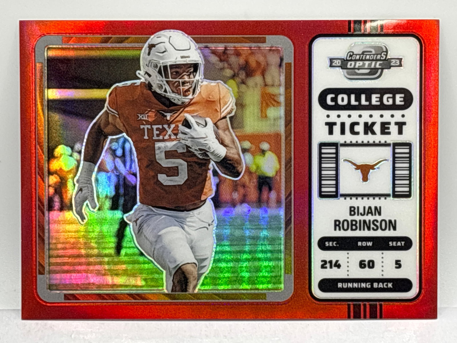 25/149!! 2023 PANINI CHRONICLES BIJAN ROBINSON COLLEGE TICKET RED PRIZM HOLO ROOKIE CARD: 25/149!! 2023 PANINI CHRONICLES BIJAN ROBINSON COLLEGE TICKET RED PRIZM HOLO ROOKIE CARD