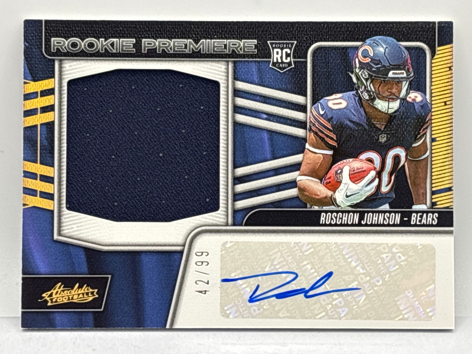 42/99!! 2023 PANINI ABSOLUTE RPA ROSCHON JOHNSON ROOKIE PREMIERE AUTOGRAPHED PATCH ROOKIE CARD (1 of 5)