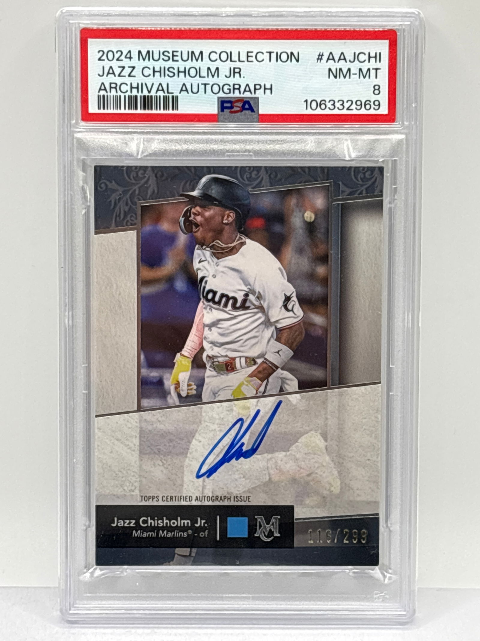 116/299!! 2024 TOPPS MUSEUM COLLECTION JAZZ CHISHOLM JR ARCHIVAL AUTOGRAPH GRADED PSA NM-MT 8 (1 of 5)