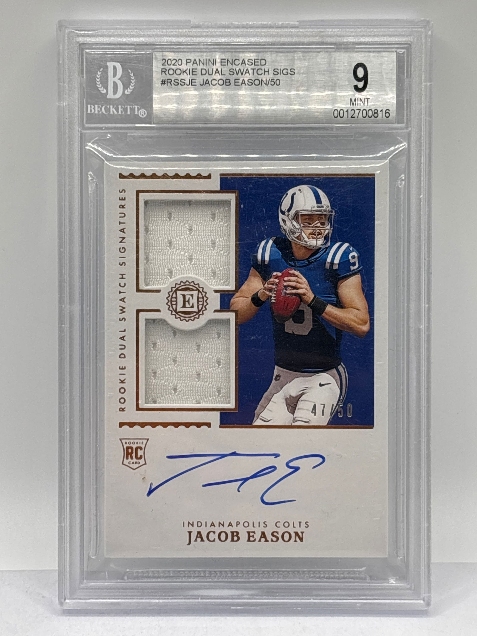 47/50!! 2020 PANINI ENCLOSED ROOKIE DUAL SWATCHES SIG RPA JACOB EASON DUAL PATCH AUTO RC BECKETT 9 (1 of 7)