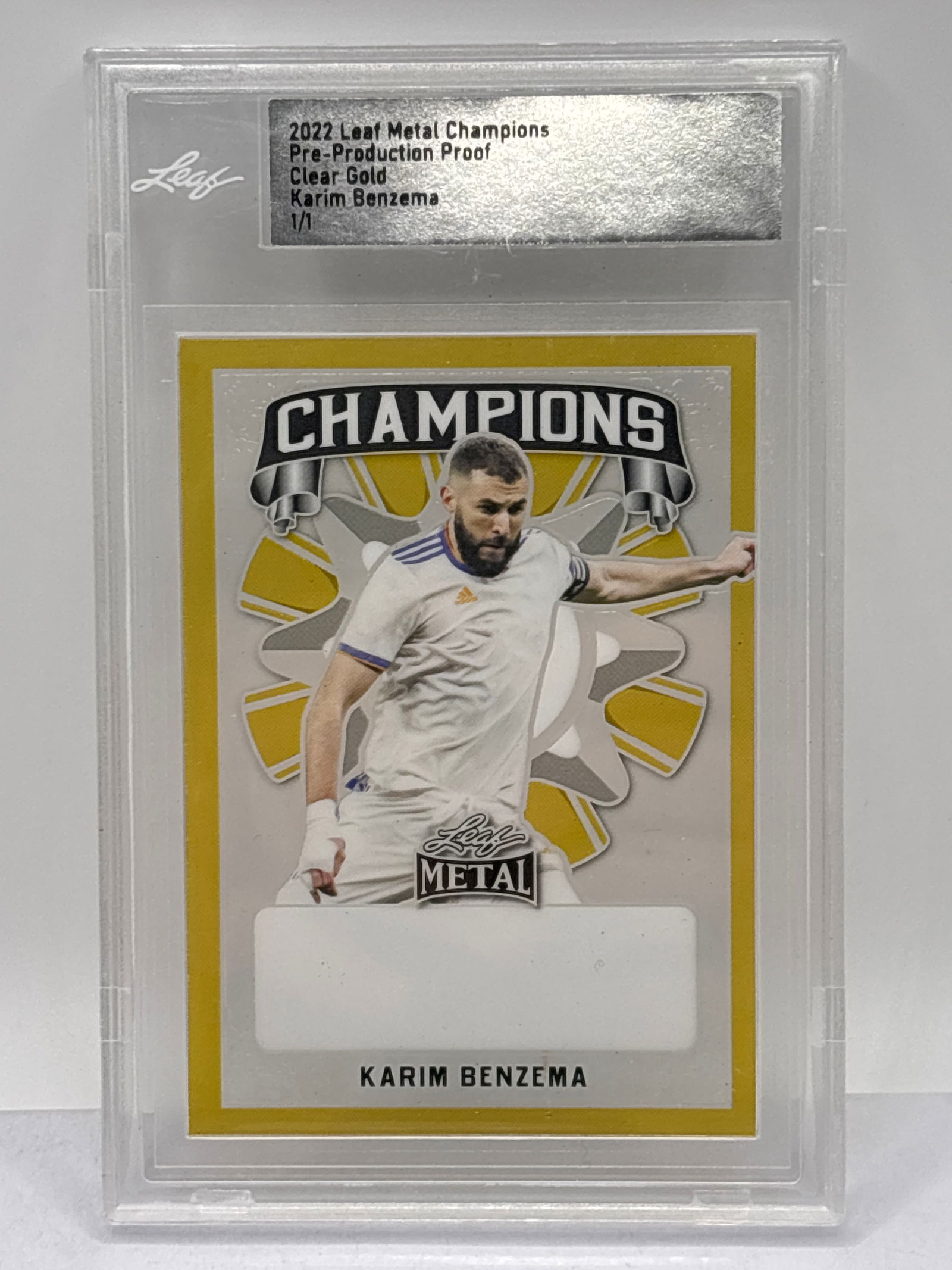 AUTHENTIC 1/1!! 2022 LEAF METAL CHAMPIONS KARIN BENZEMA CLEAR GOLD PRE-PRODUCTION PROOF (1 of 5)