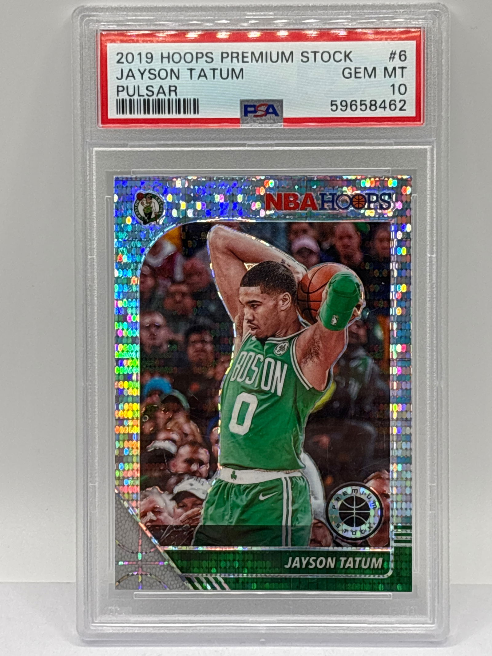 2019 PANINI NBA HOOPS PREMIUM STOCK JAYSON TATUM SILVER PULSAR PRIZM HOLO PSA GEM MINT 10: 2019 PANINI NBA HOOPS PREMIUM STOCK JAYSON TATUM SILVER PULSAR PRIZM HOLO PSA GEM MINT 10
