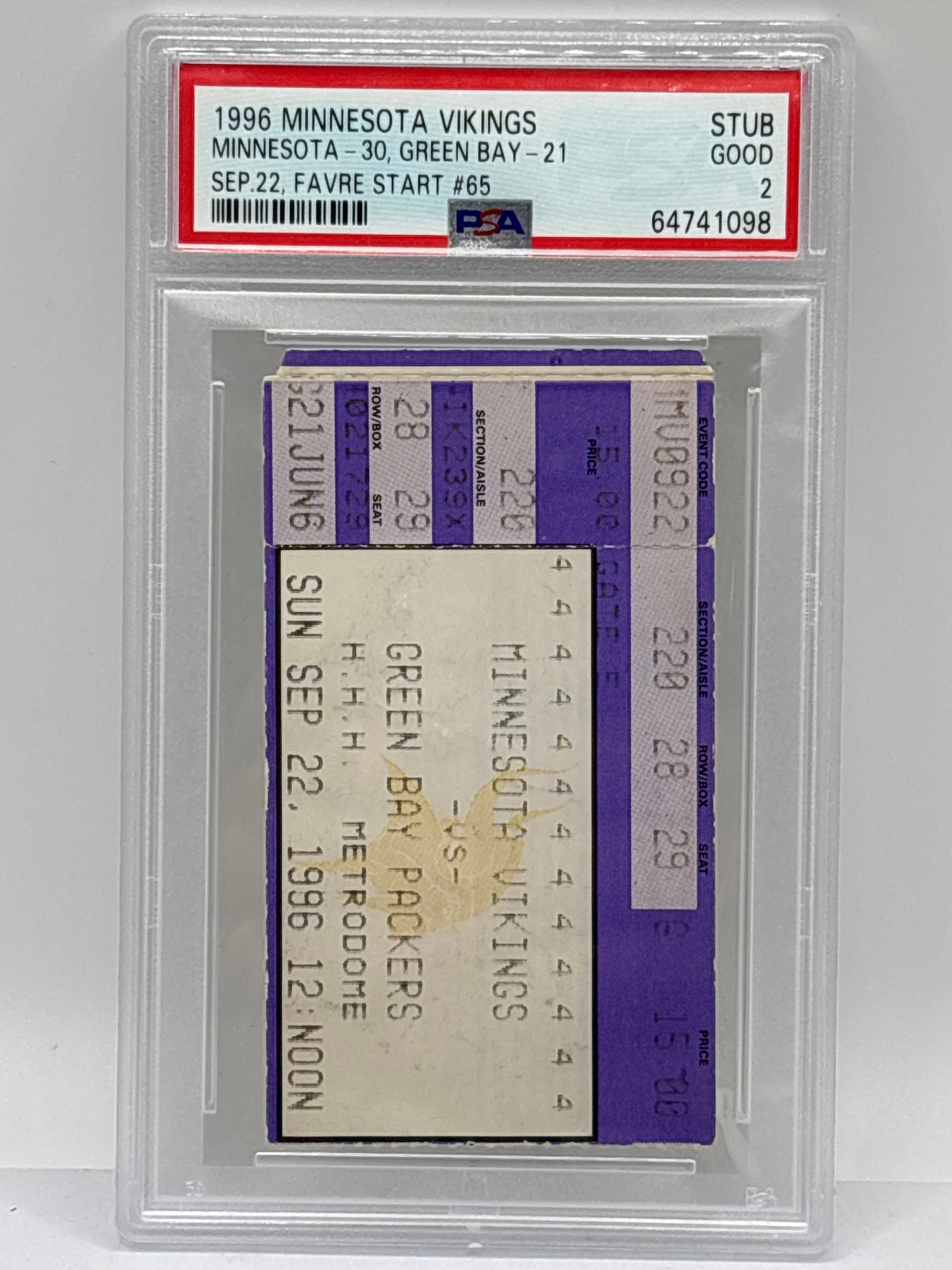 BRETT FAVRE 1996 MINNESOTA VIKINGS VS GREEN BAY 9/22/96 AUTHENTIC GAME TICKET STUB GRADED PSA GOOD 2 (1 of 3)
