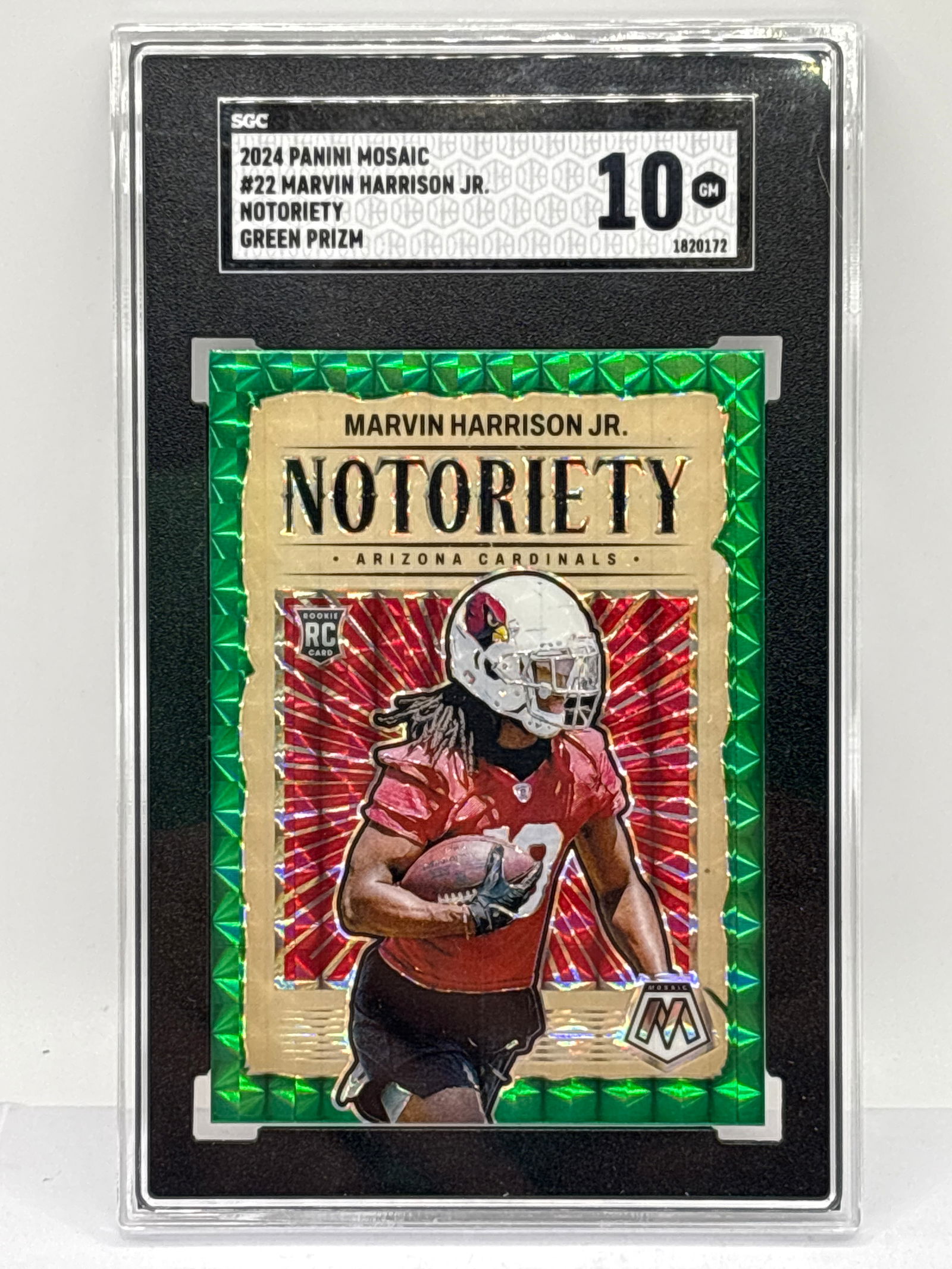 2024 PANINI MOSAIC MARVIN HARRISON JR NOTORIETY GREEN PRIZM HOLO ROOKIE CARD GRADED SGC GEM MINT 10 (1 of 3)