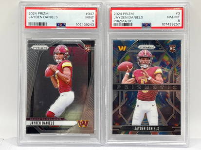 2024 PANINI PRIZM JAYDEN DANIELS GRADED PSA LOT: 2024 PANINI PRIZM JAYDEN DANIELS GRADED PSA LOTPRIZMATIC #3 PSA NM-MT 8PRIZM #347 PSA MINT 9