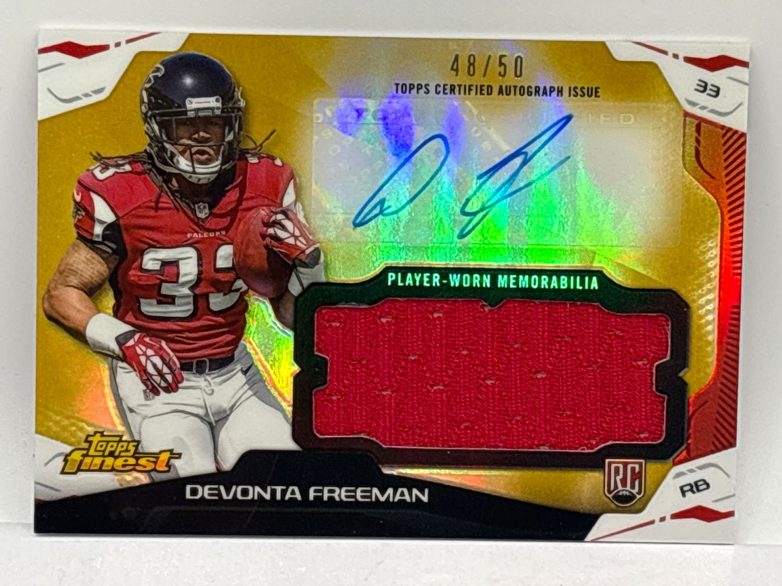 48/50!! 2014 TOPS FINEST RPA DEVONTA FREEMAN AUTHENTIC MEMORABILIA PATCH AUTOGRAPHED ROOKIE CARD (1 of 4)