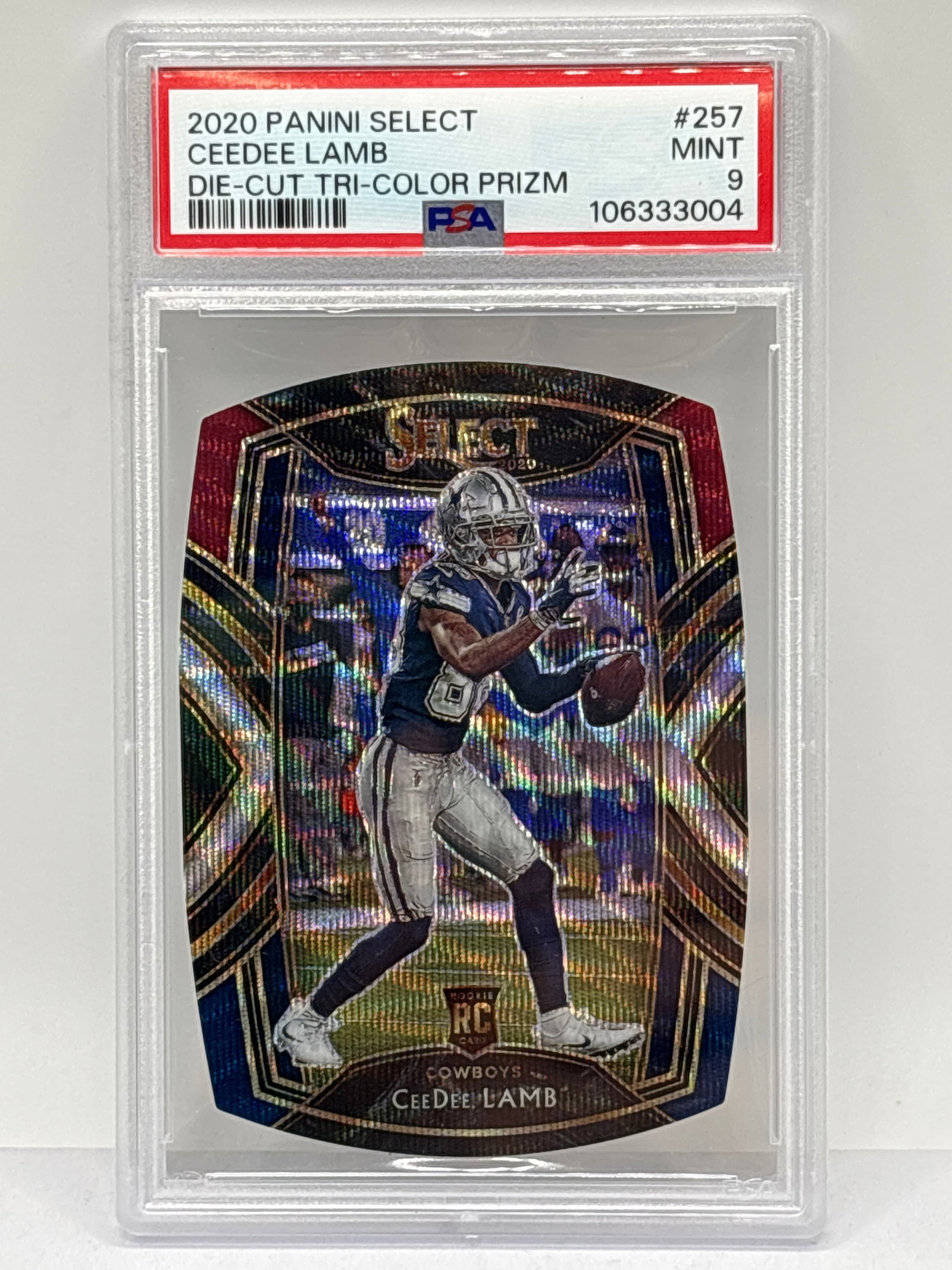 2020 PANINI SELECT CEEDEE LAMB DIE-CUT TRI-COLOR PRIZM HOLO RC GRADED PSA MINT 9 (1 of 4)