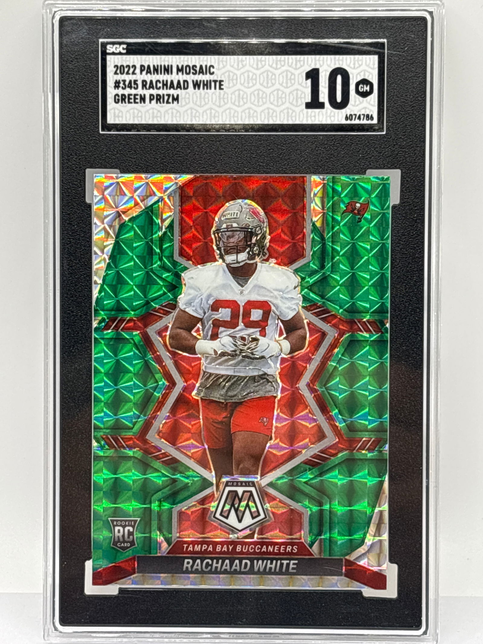 2022 PANINI MOSAIC RACHAAD WHITE GREEN PRIZM HOLO ROOKIE CARD GRADED SGC GEM MINT 10: 2022 PANINI MOSAIC RACHAAD WHITE GREEN PRIZM HOLO ROOKIE CARD GRADED SGC GEM MINT 10