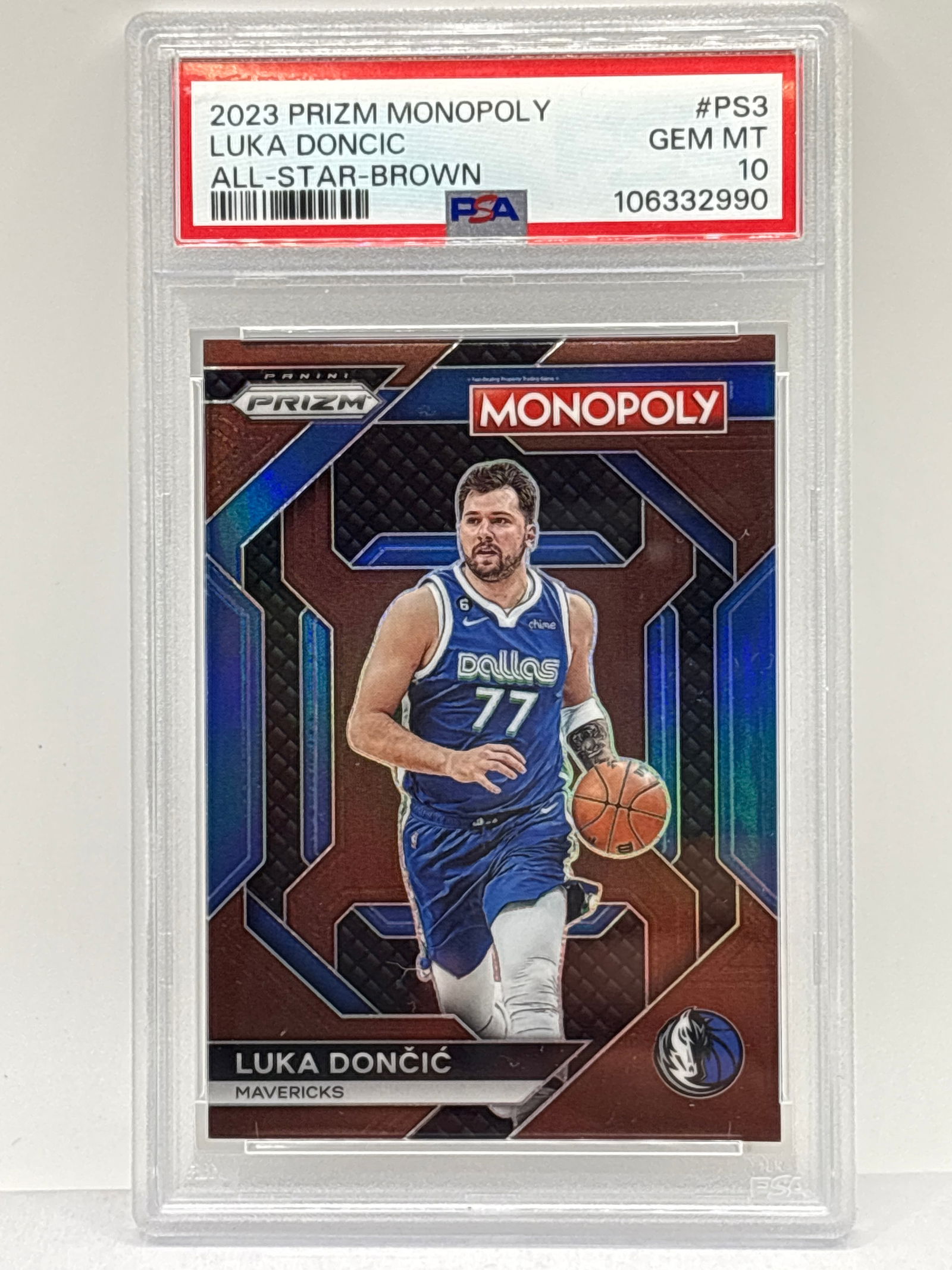 176/249!! 2023-24 PANINI PRIZM MONOPOLY LUKA DONCIC ALL-STAR-BROWN PSA GEM MINT 10 (1 of 5)