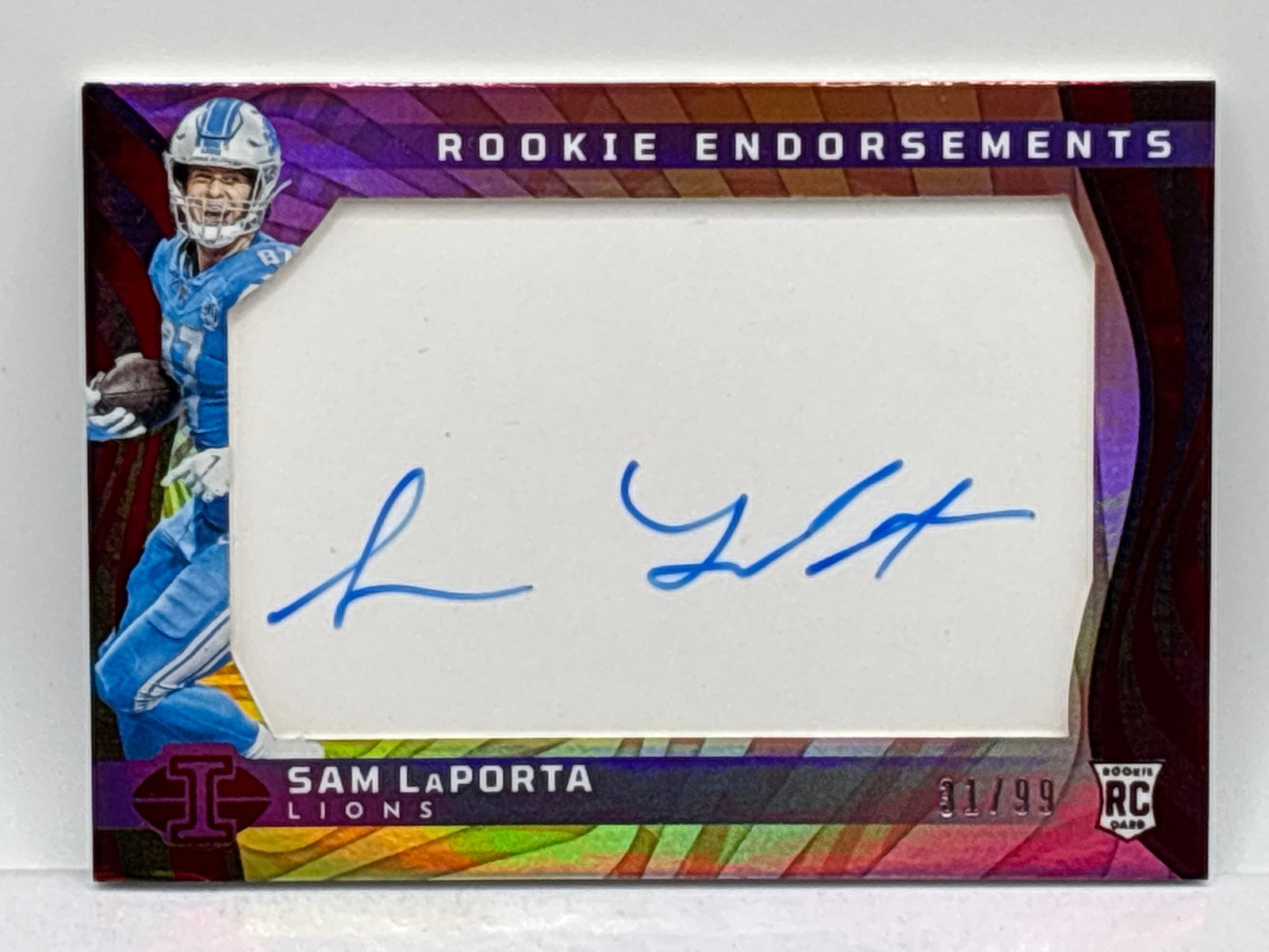 31/99!! 2023 PANINI ILLUSIONS SAM LAPORTA ROOKIE ENDORSEMENTS AUTOGRAPHED ROOKIE CARD: 31/99!! 2023 PANINI ILLUSIONS SAM LAPORTA ROOKIE ENDORSEMENTS AUTOGRAPHED ROOKIE CARD