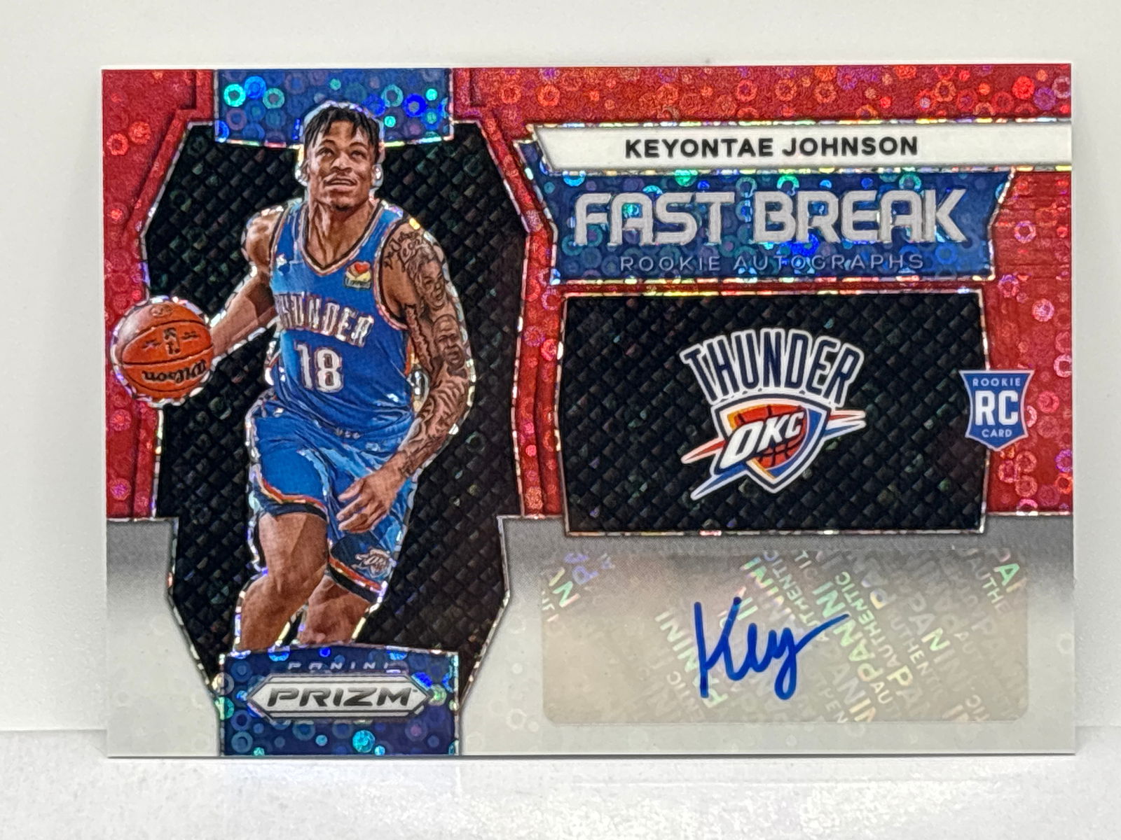 17/99!! 2023-24 PANINI PRIZM FASTBREAK KEYONTE JOHNSON AUTOGRAPHED RED FASTBREAK PRIZM HOLO (1 of 4)