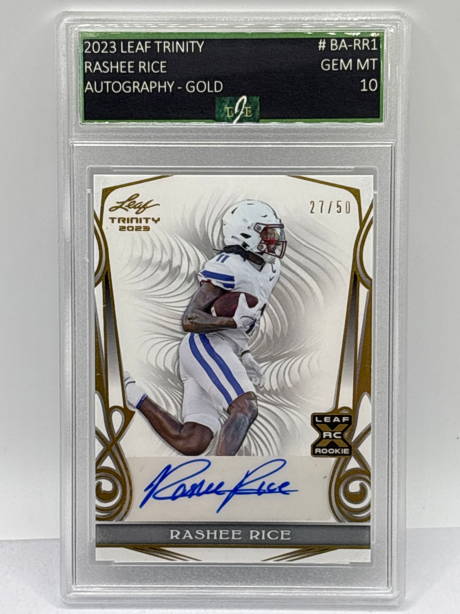 27/50!! 2023 LEAF TRINITY RASHEE RICE AUTOGRAPHED GOLD ROOKIE CARD EJE GEM MINT 10 (1 of 4)