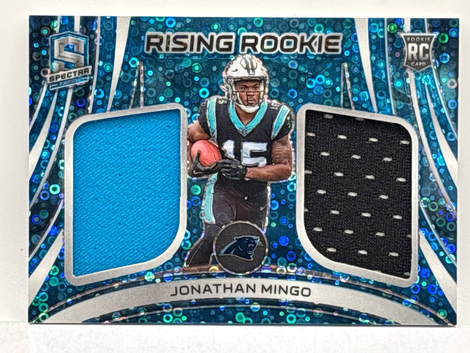 23/50!! 2023 PANINI SPECTRA RISING ROOKIE JONATHAN MINGO FASTBREAK PRIZM HOLO DOUBLE PATCH RC (1 of 5)