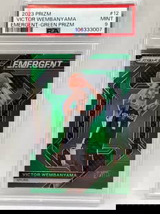 2023 PANINI PRIZM VICTOR WEMBANYAMA EMERGENT GREEN PRIZM HOLO ROOKIE CARD PSA MINT 9: 2023 PANINI PRIZM VICTOR WEMBANYAMA EMERGENT GREEN PRIZM HOLO ROOKIE CARD PSA MINT 9