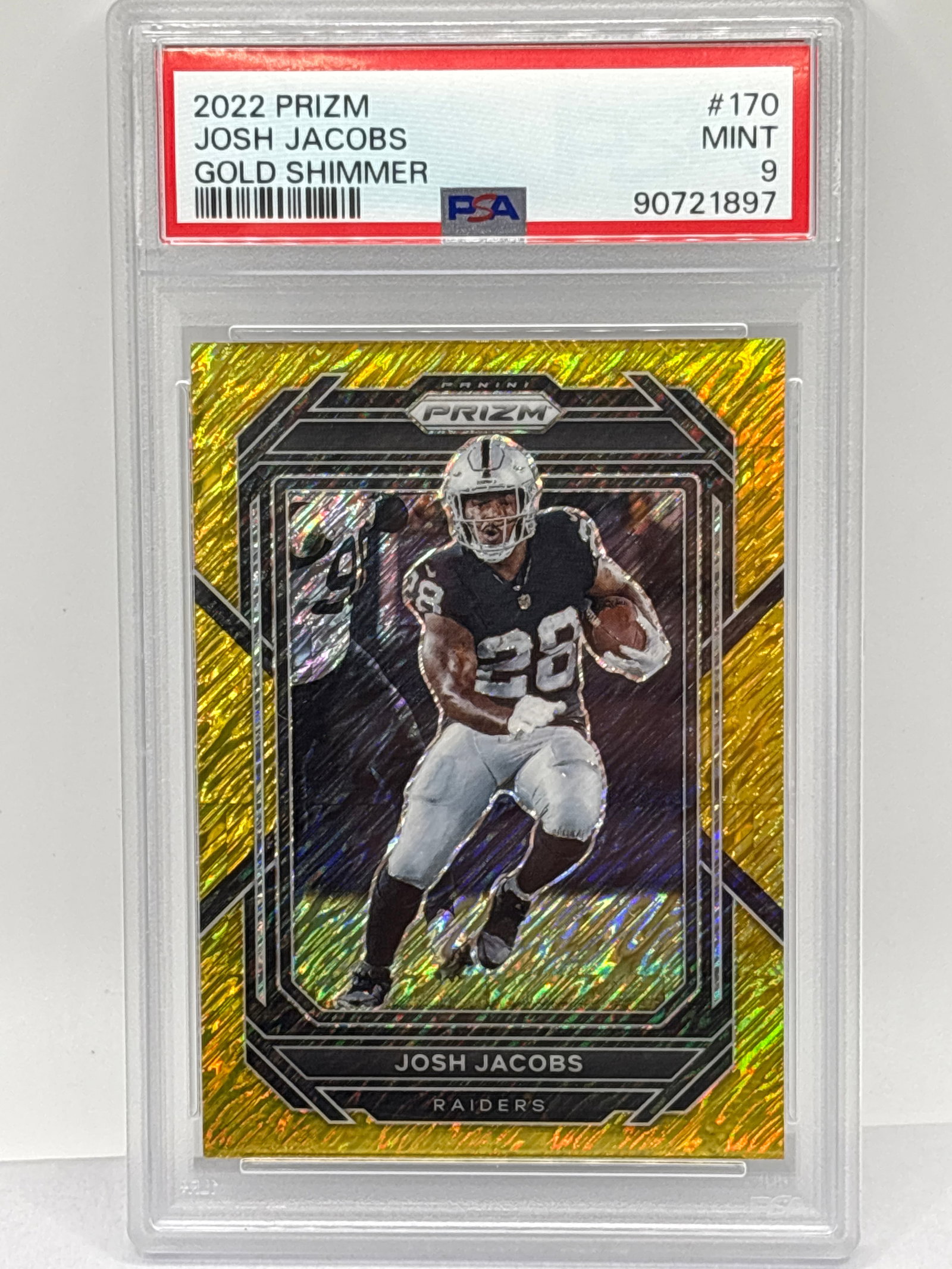 1/10!! 2022 PANINI PRIZM JOSH JACOBS GOLD SHIMMER PRIZM HOLO PSA MINT 9 (1 of 4)