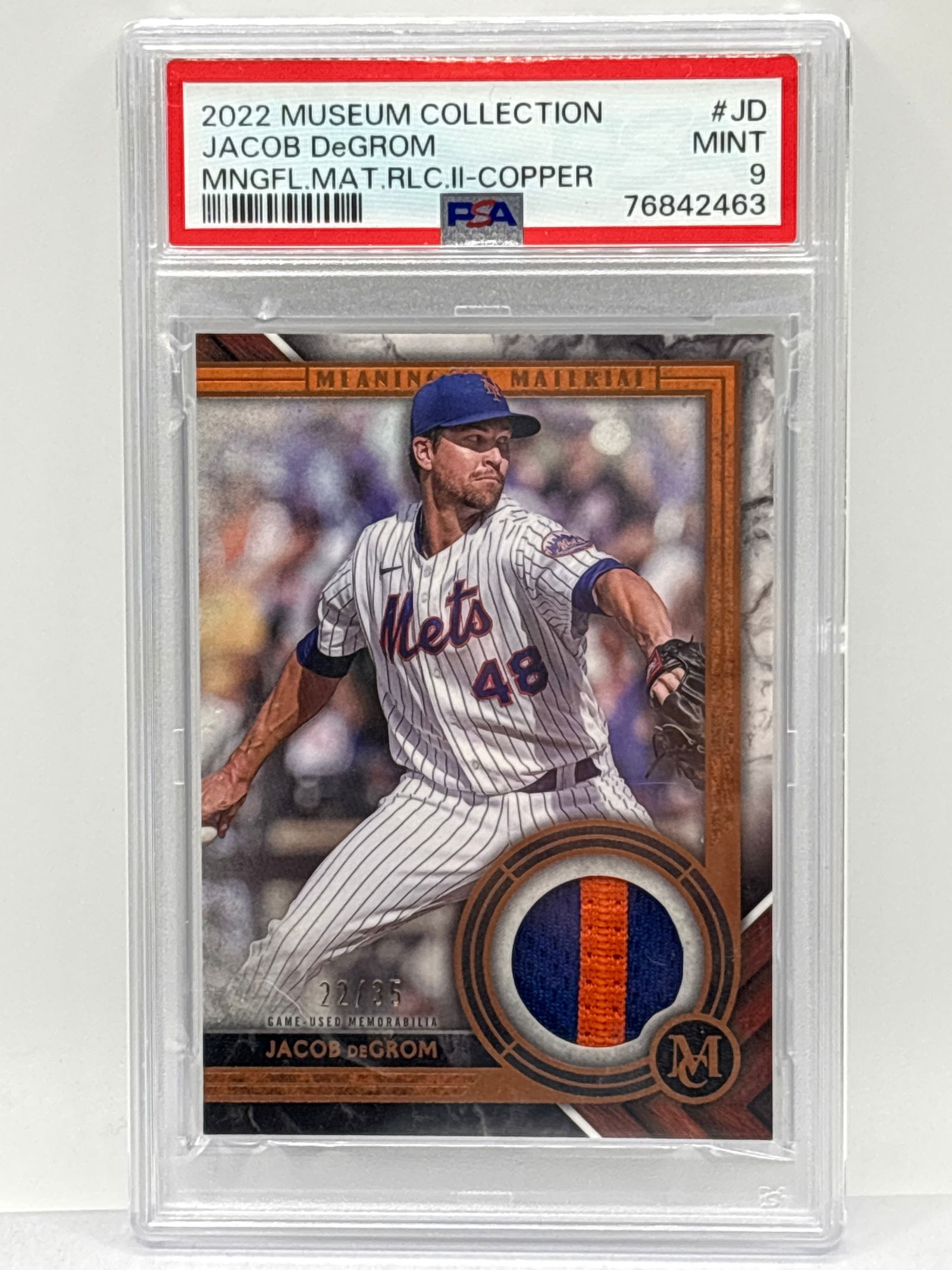 RARE 22/35!! 2022 MUSEUM COLLECTION JACOB DEGROM MEANINGFUL MATERIALS COPPER PATCH PSA MINT 9 (1 of 5)