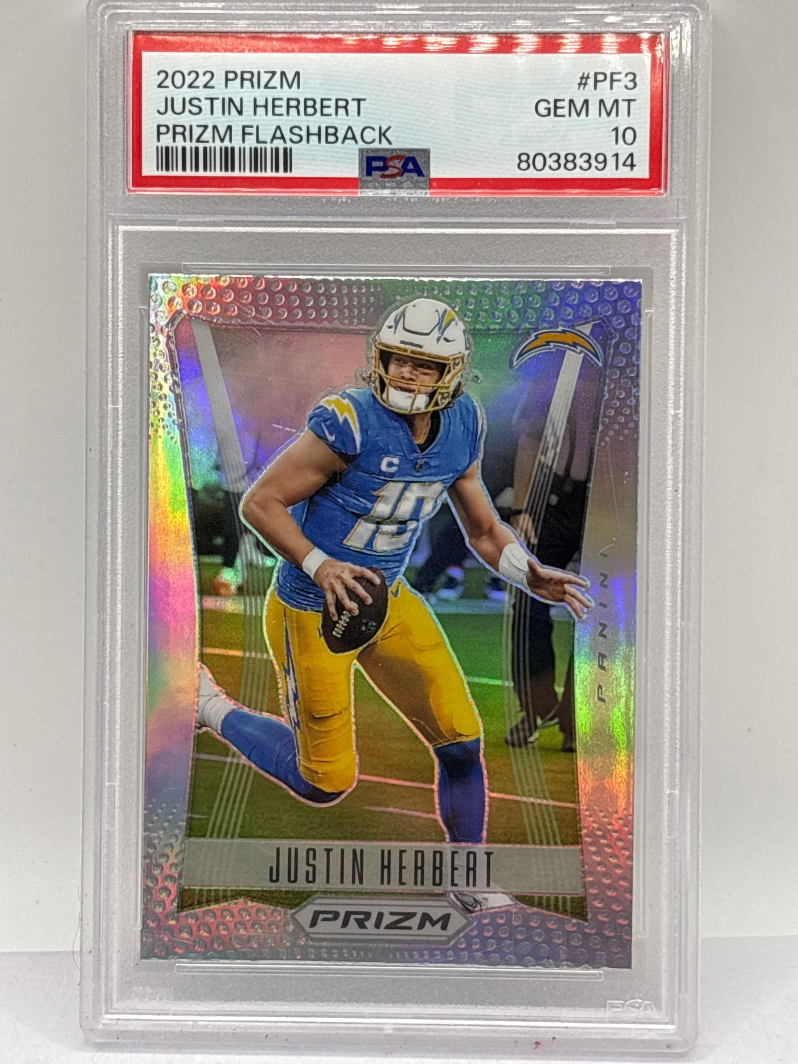 POP 26!! 2022 PANINI PRIZM JUSTIN HERBERT SILVER PRIZM HOLO FLASHBACK SP PSA GEM MINT 10 (1 of 5)