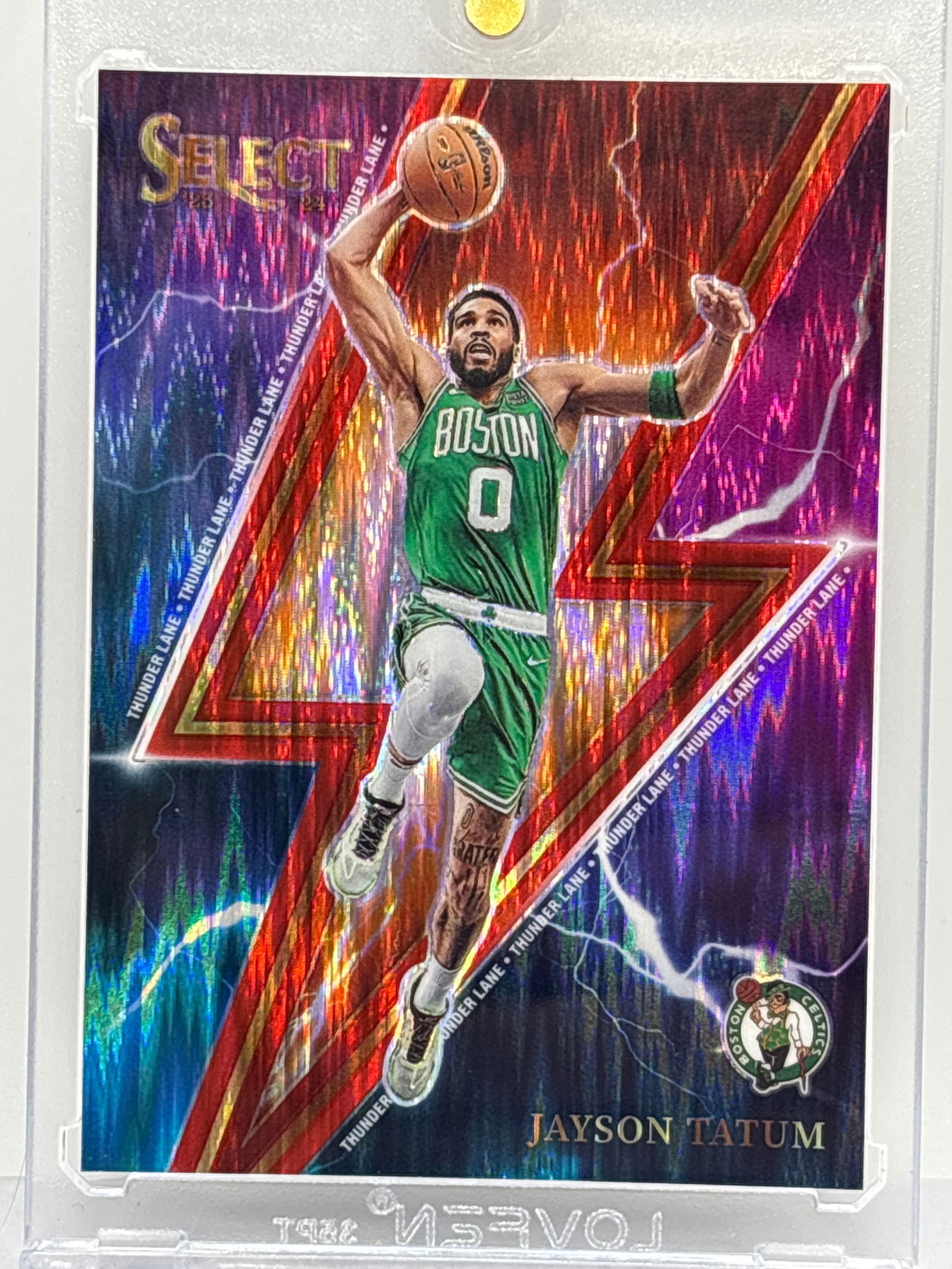 81/99!! 2023-24 PANINI SELECT JAYSON TATUM THUNDER LANE RED PLASH SHOCK PRIZM HOLO (1 of 4)