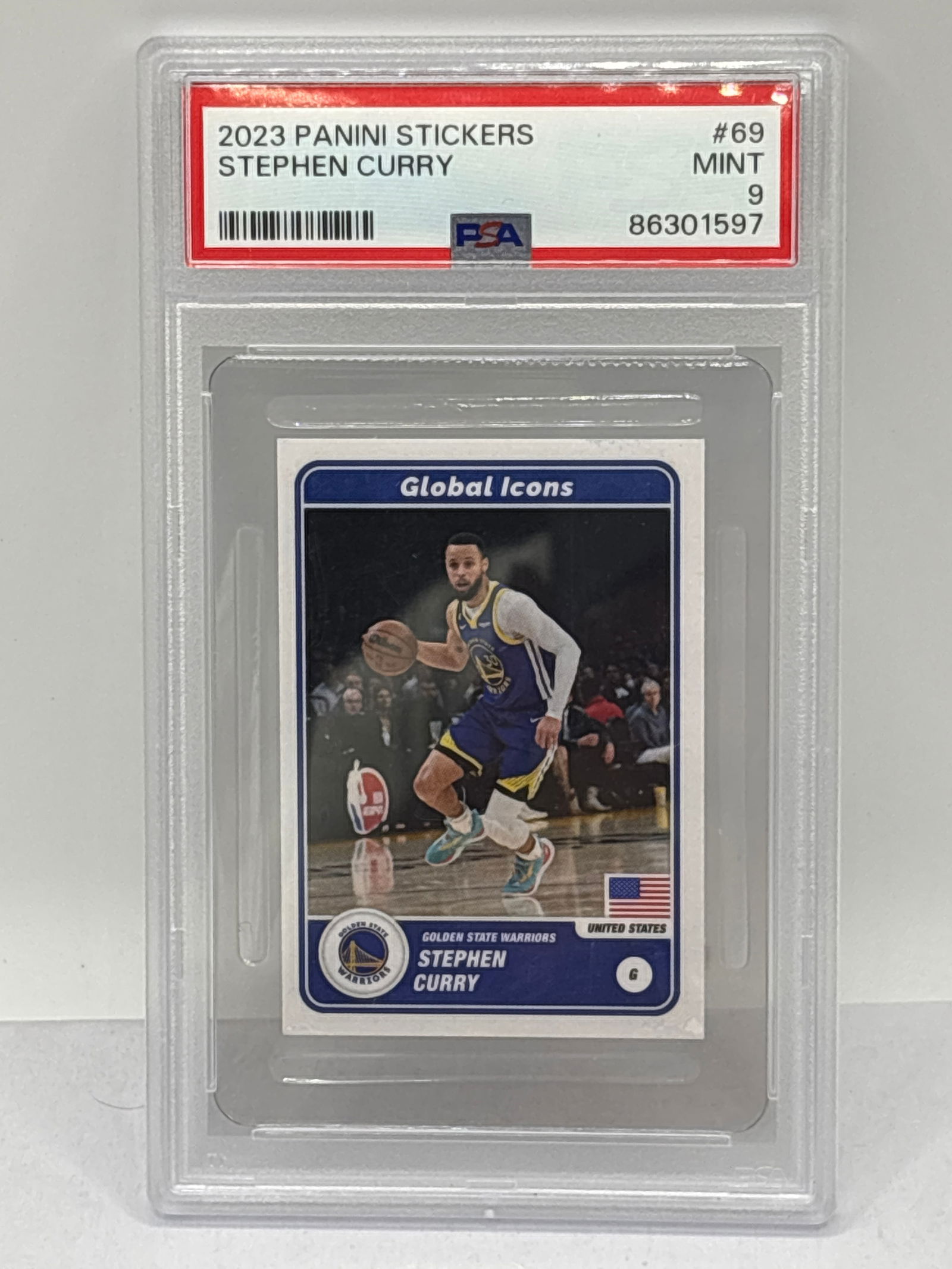 2023 PANINI STICKERS #69 STEPHEN CURRY GLOBAL ICONS PSA MINT 9 (1 of 3)