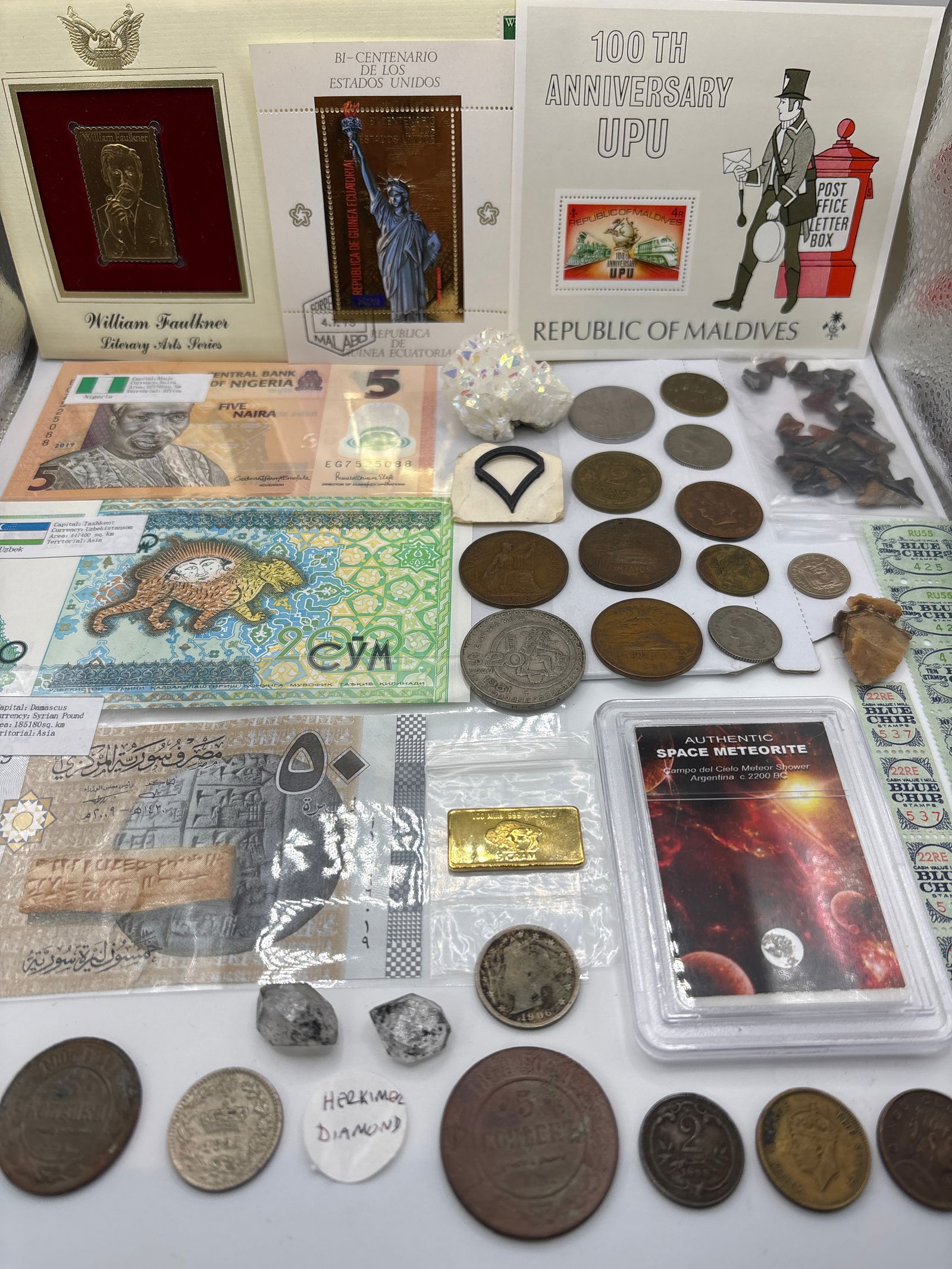 LARGE VINTAGE GOLD COIN GEM JUNK DRAWER LOT: 5 gram gold buffalo bullion clad gold bar .999 fine2 large herkimer diamonds Authentic space meteorite 1894 Regno d’itali 20 centesimi coin1906 USA V coin1868 & 1905 foreign coins1898 foreign 2 coin