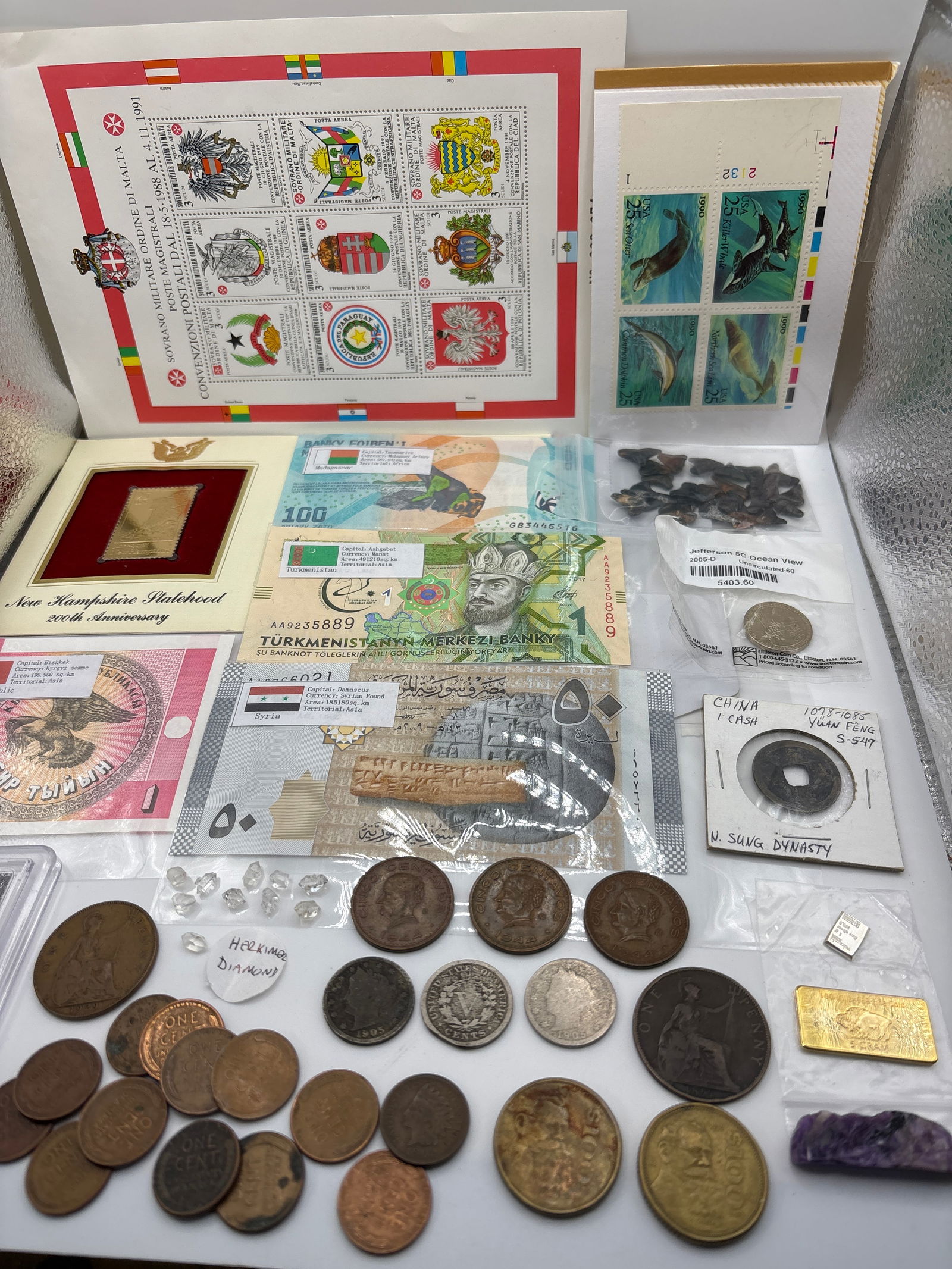 LARGE VINTAGE GOLD COIN GEM JUNK DRAWER 2: 5 gram buffalo bullion clad gold bar .999 fine. 10 authentic herkimer diamonds. 1 gram .999 silver bullion. Authentic space meteorite. 1078-1085 yuan feng coin sung dynasty. (3) 1905 & 1907 USA v coin
