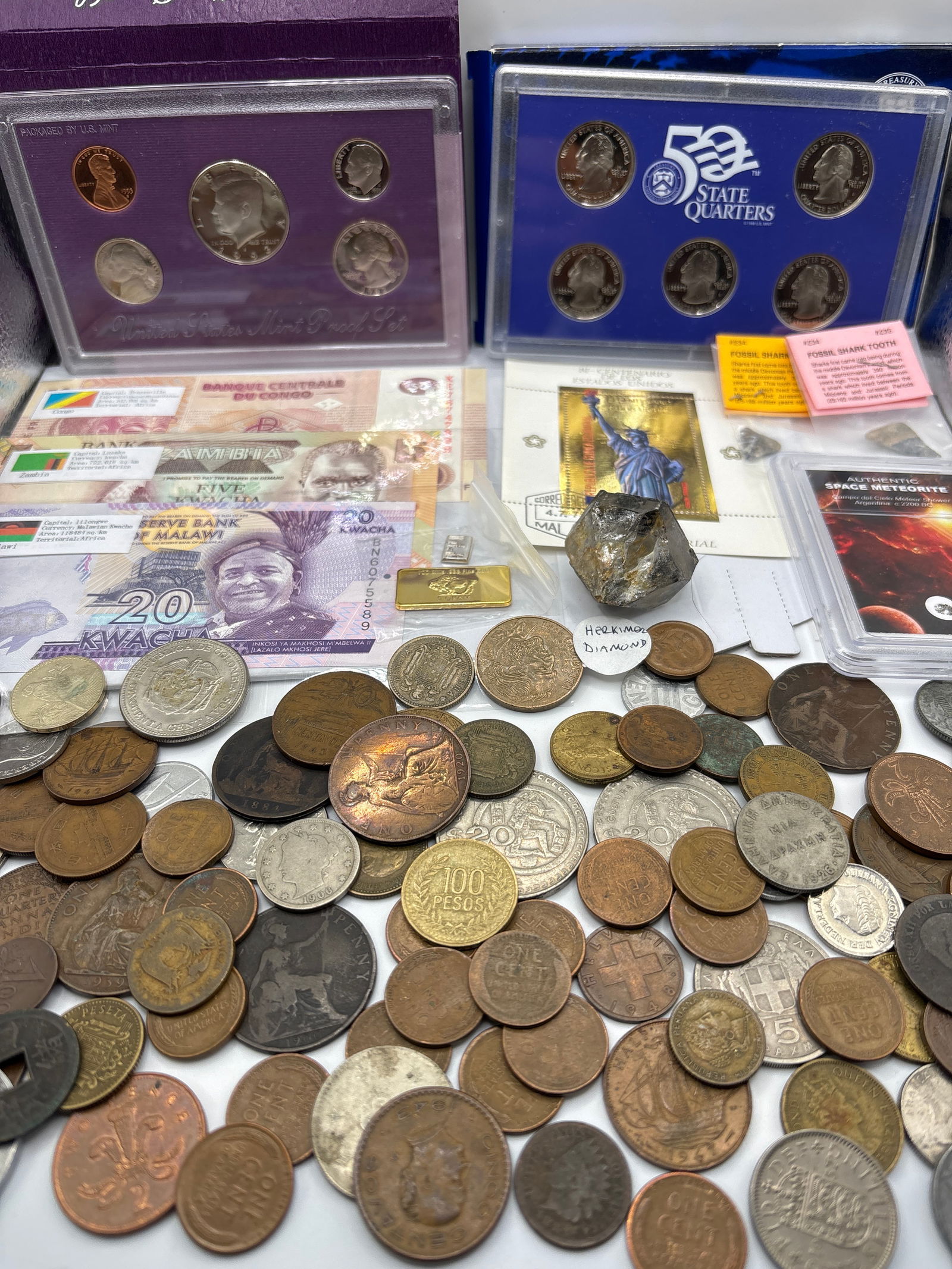 LARGE VINTAGE GOLD COIN GEM JUNK DRAWER 3: 5 gram buffalo bullion clad gold bar .999 fine. 1 X-tra large authentic herkimer diamond. 1 gram .999 silver bullion. Authentic space meteorite. huge assorted vintage coin lot. 1993 USA coin proof set