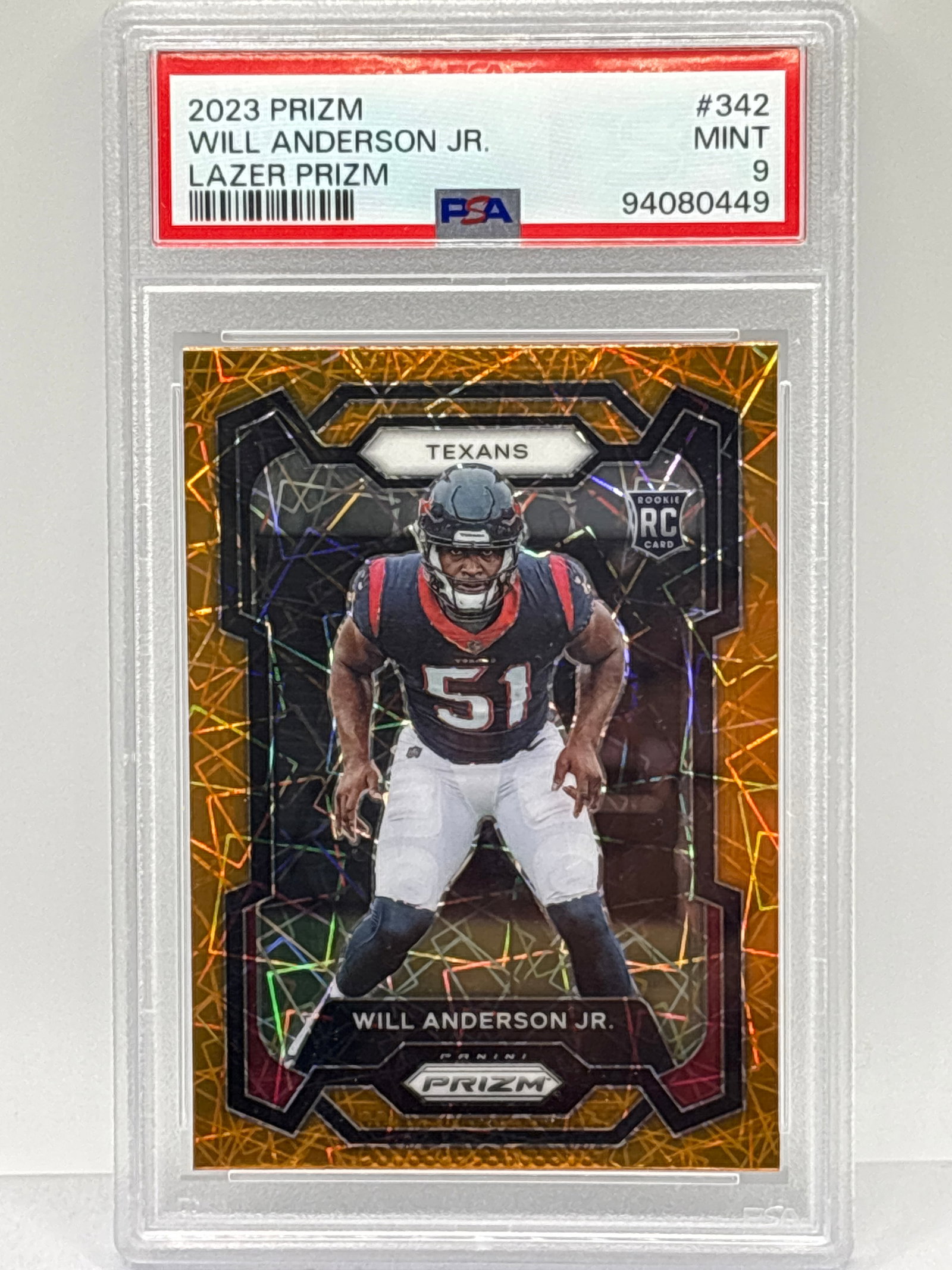 2023 PANINI PRIZM WILL ANDERSON ORANGE LAZER PRIZM HOLO RC PSA MINT 9: 2023 PANINI PRIZM WILL ANDERSON ORANGE LAZER PRIZM HOLO RC PSA MINT 9
