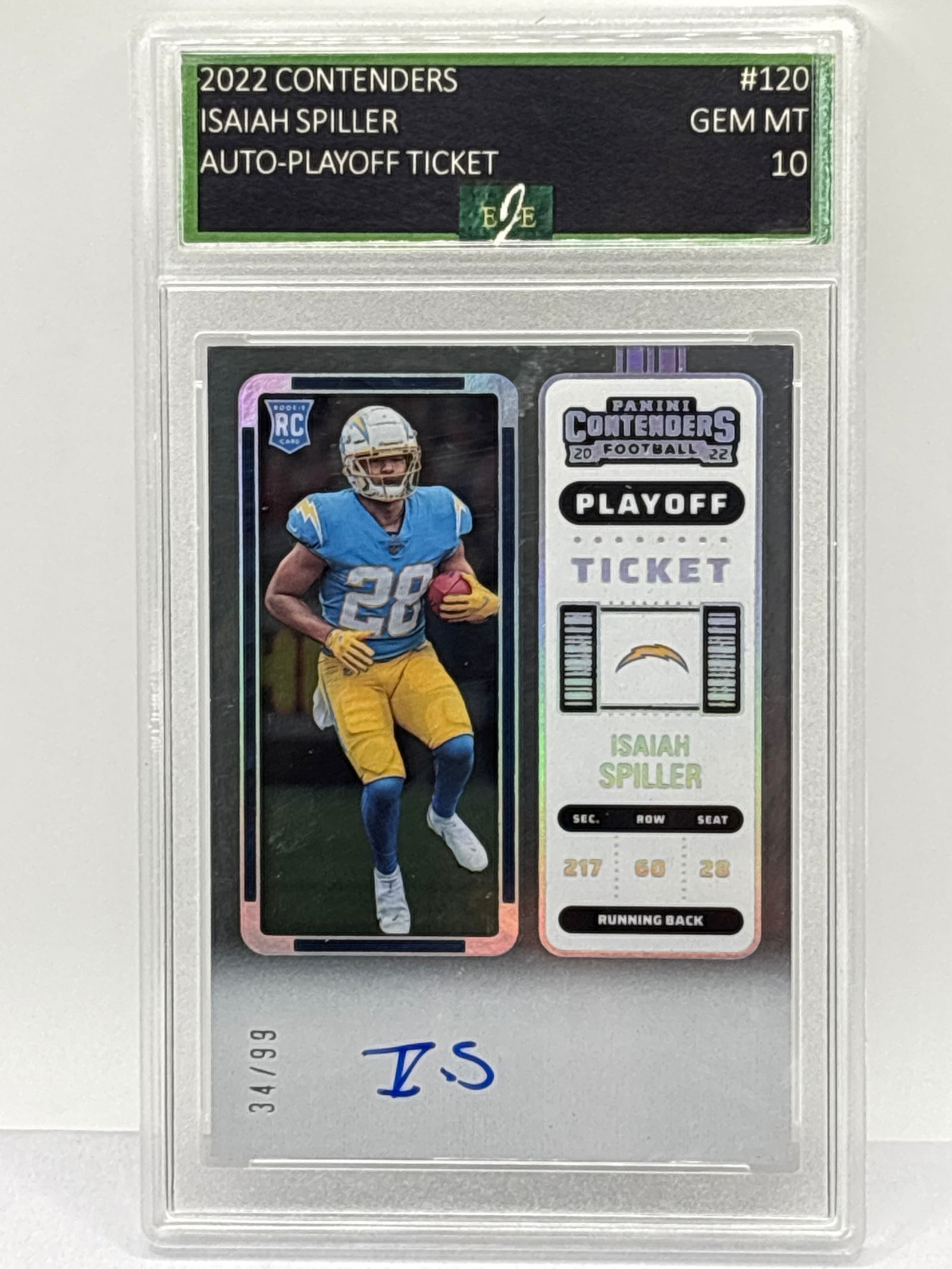 34/99!! 2022 PANINI CONTENDERS PLAYOFF TICKET ISAIAH SPILLER AUTOGRAPHED RC GEM MINT 10 (1 of 3)
