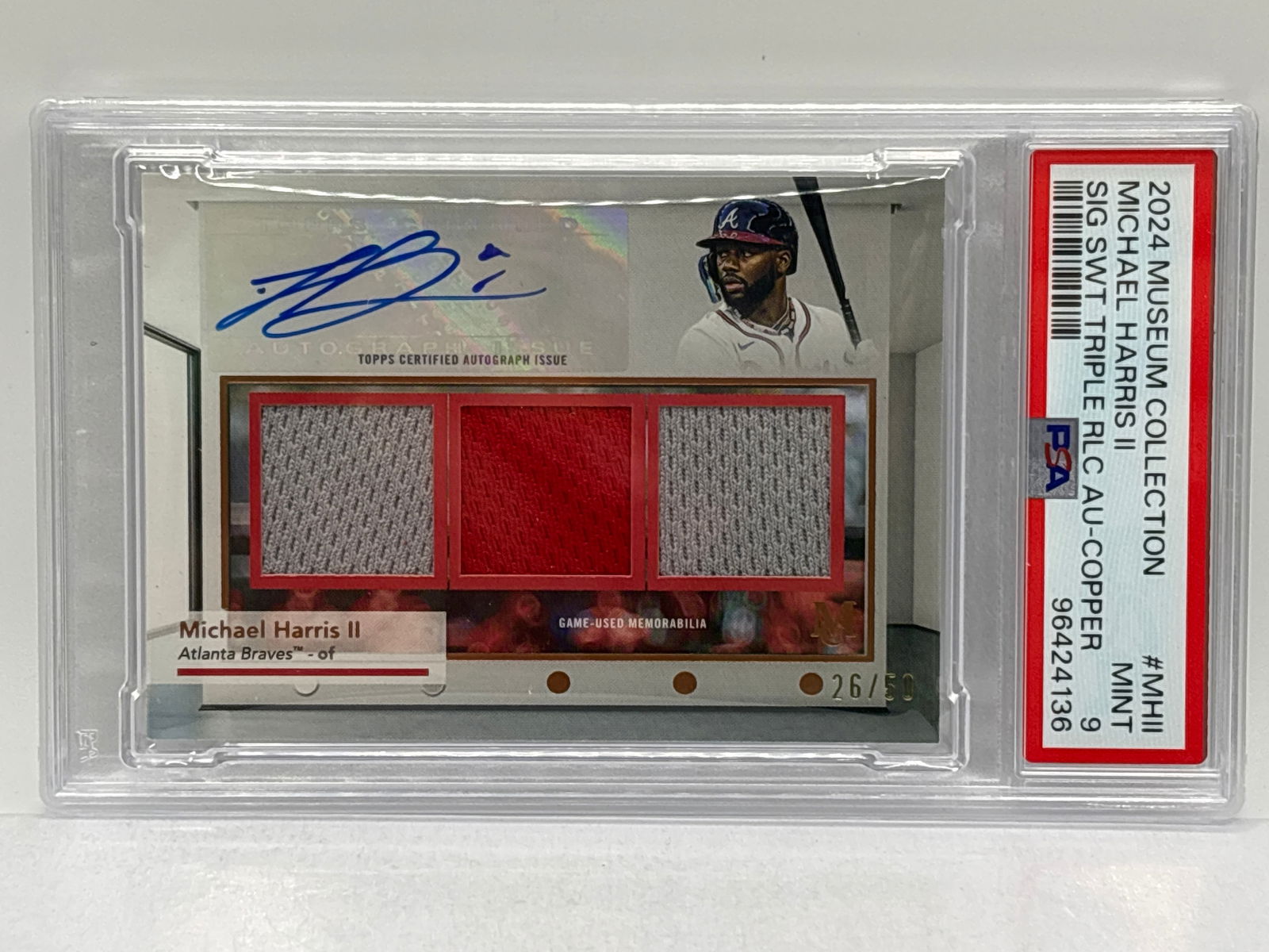 26/50!! 2024 TOPPS MUSEUM COLLECTION MICHAEL HARRIS II SIG SWT TRIPLE RLC AU-COPPER PSA MINT 9 (1 of 6)