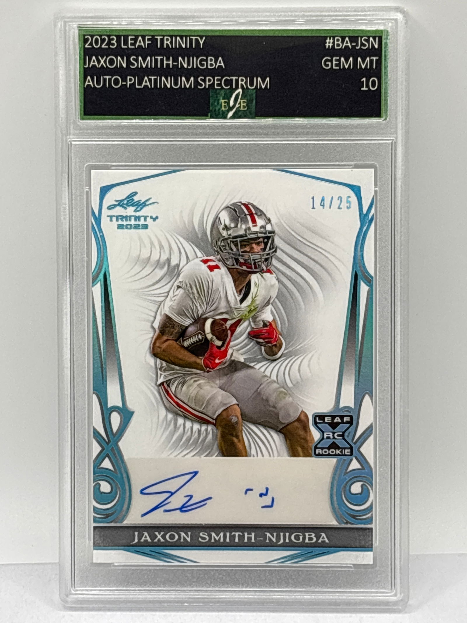 14/25!! 2023 LEAF TRINITY JAXON SMITH-NJIGBA PLATINUM SPECTRUM AUTOGRAPHED RC GEM MIT 10 (1 of 4)
