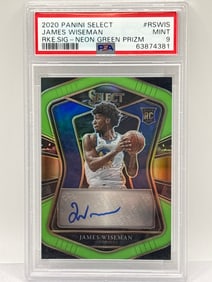 27/99!! 2020-21 PANINI SELECT JAMES WISEMAN ROOKIE SIG AUTO NEON GREEN PRIZM HOLO RC PSA MINT 9