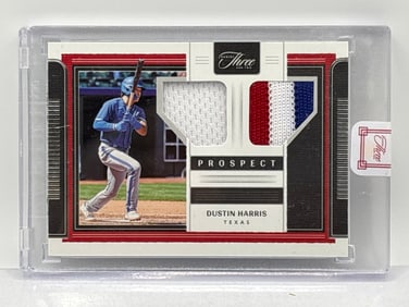 ENCASED 26/49!! 2022 PANINI THREE AND TWO DUSTIN HARRIS PROSPECT DOUBLE PATCH ROOKIE CARD