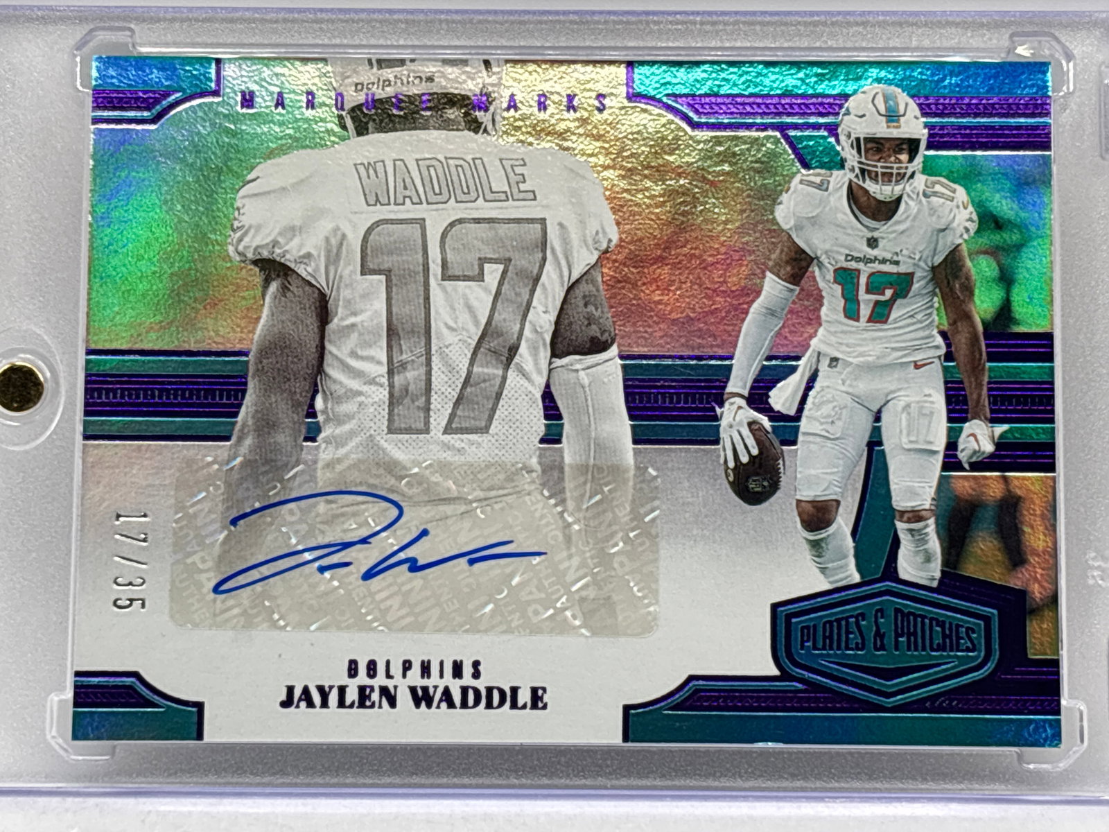 17/35!! 2023 PANINI PLATES & PATCHES MARQUEE OF MARKS JAYLEN WADDLE AUTO (1 of 4)