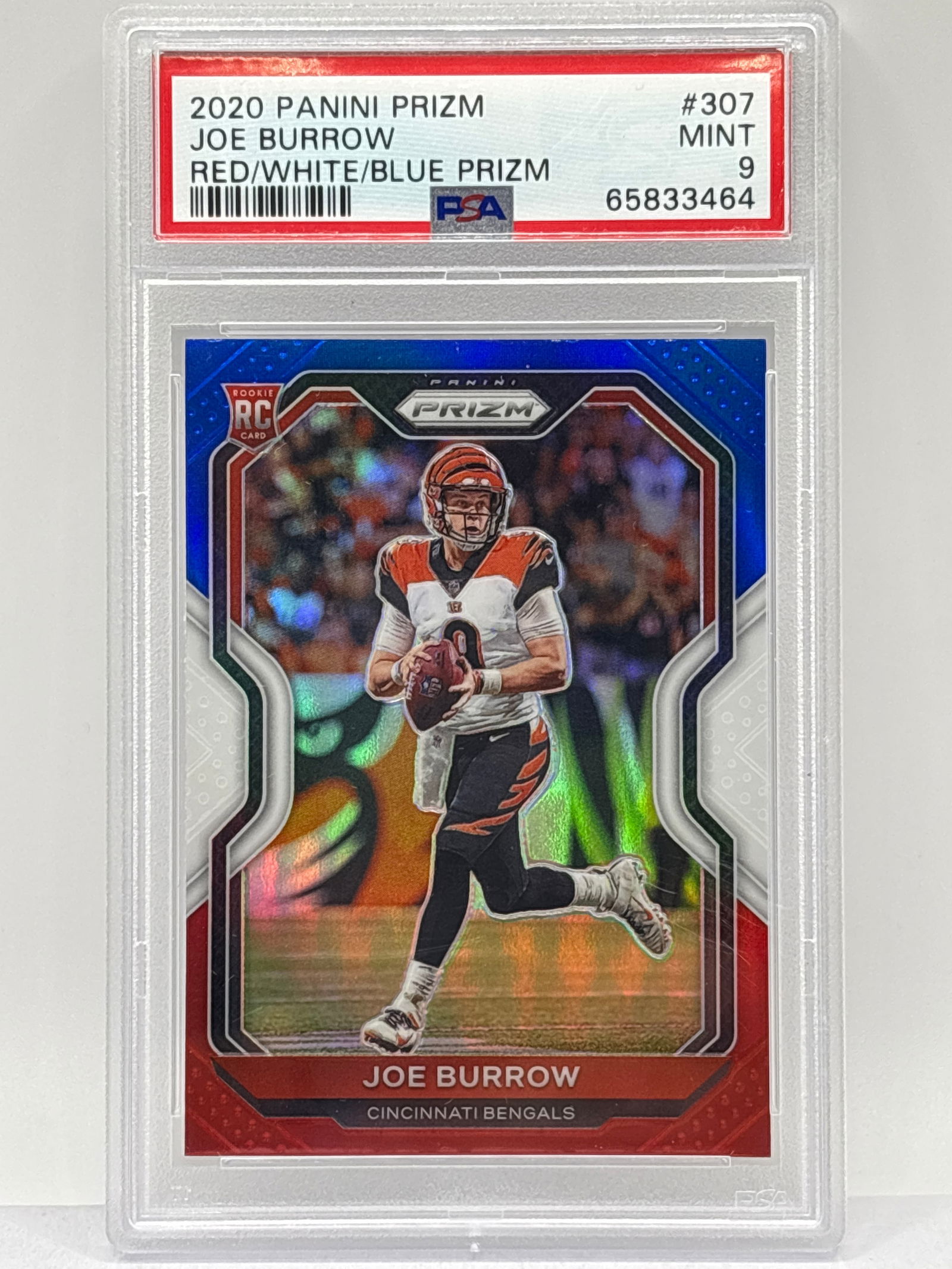 2020 PANINI PRIZM #307 JOE BURROW RED/ WHITE/BLUE PRIZM HOLO ROOKIE CARD PSA MINT 9 (1 of 3)