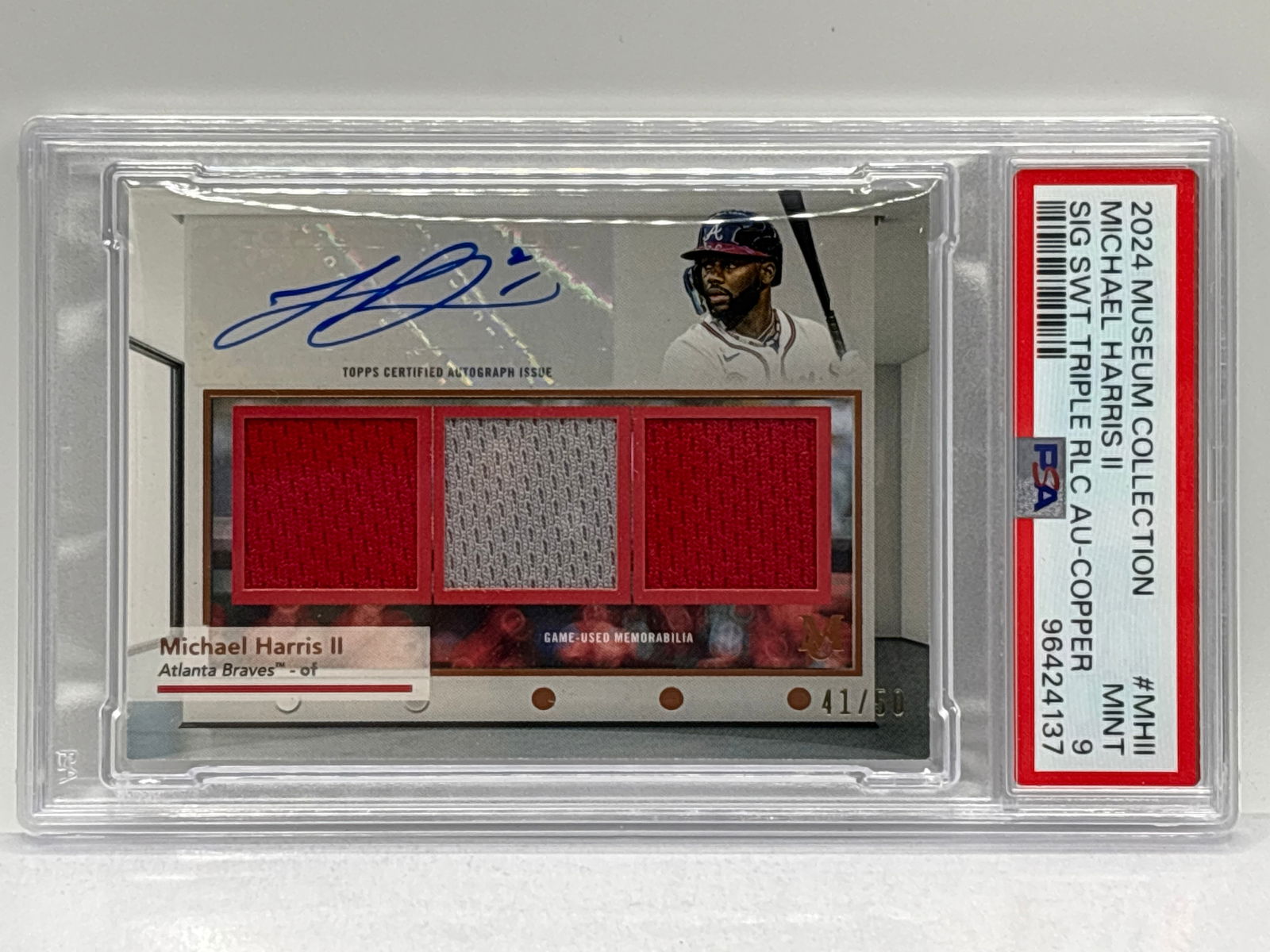 41/50!! 2024 TOPPS MUSEUM COLLECTION MICHAEL HARRIS SIGNATURE TRIPLE RELIC AU-COPPER AUTO PSA MINT 9 (1 of 4)