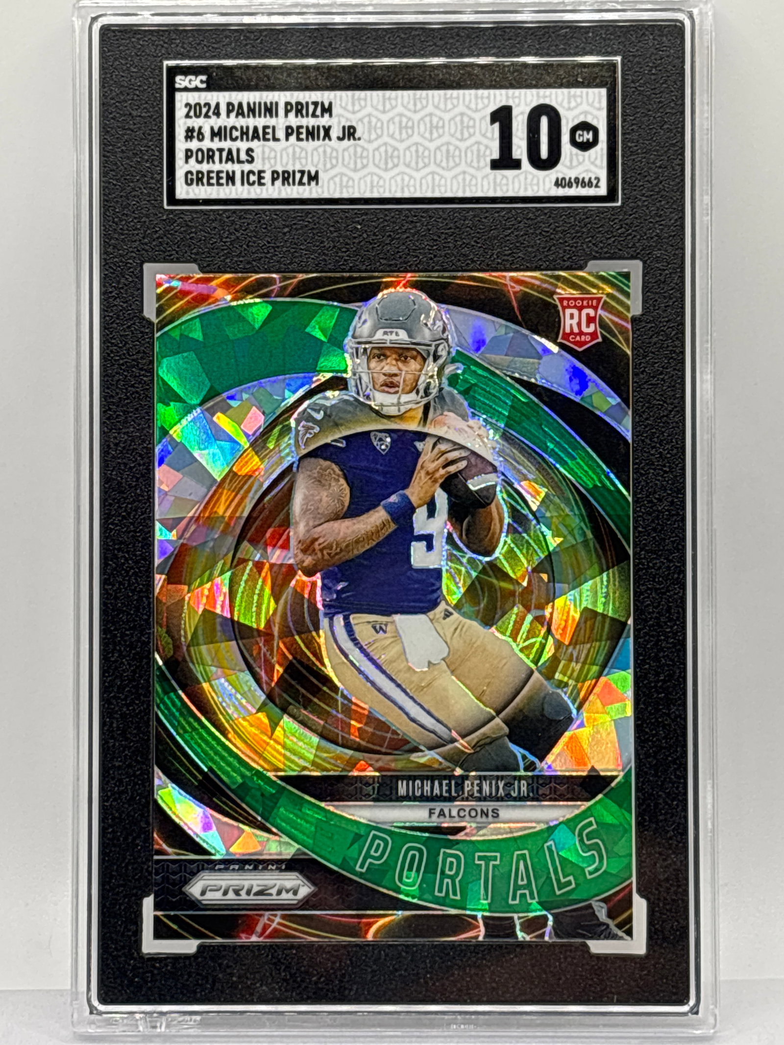 2024 PANINI PRIZM MICHAEL PENIX JR PORTALS GREEN ICE PRIZM HOLO ROOKIE CARD SGC GEM MINT 10: 2024 PANINI PRIZM MICHAEL PENIX JR PORTALS GREEN ICE PRIZM HOLO ROOKIE CARD SGC GEM MINT 10