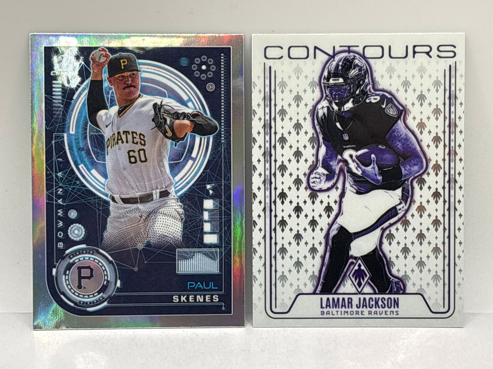 2024 BOWMAN CHROME Ai PAUL SKENES & 2024 PHOENIX LAMAR JACKSON CONTOURS DAMAGED LOT (1 of 5)