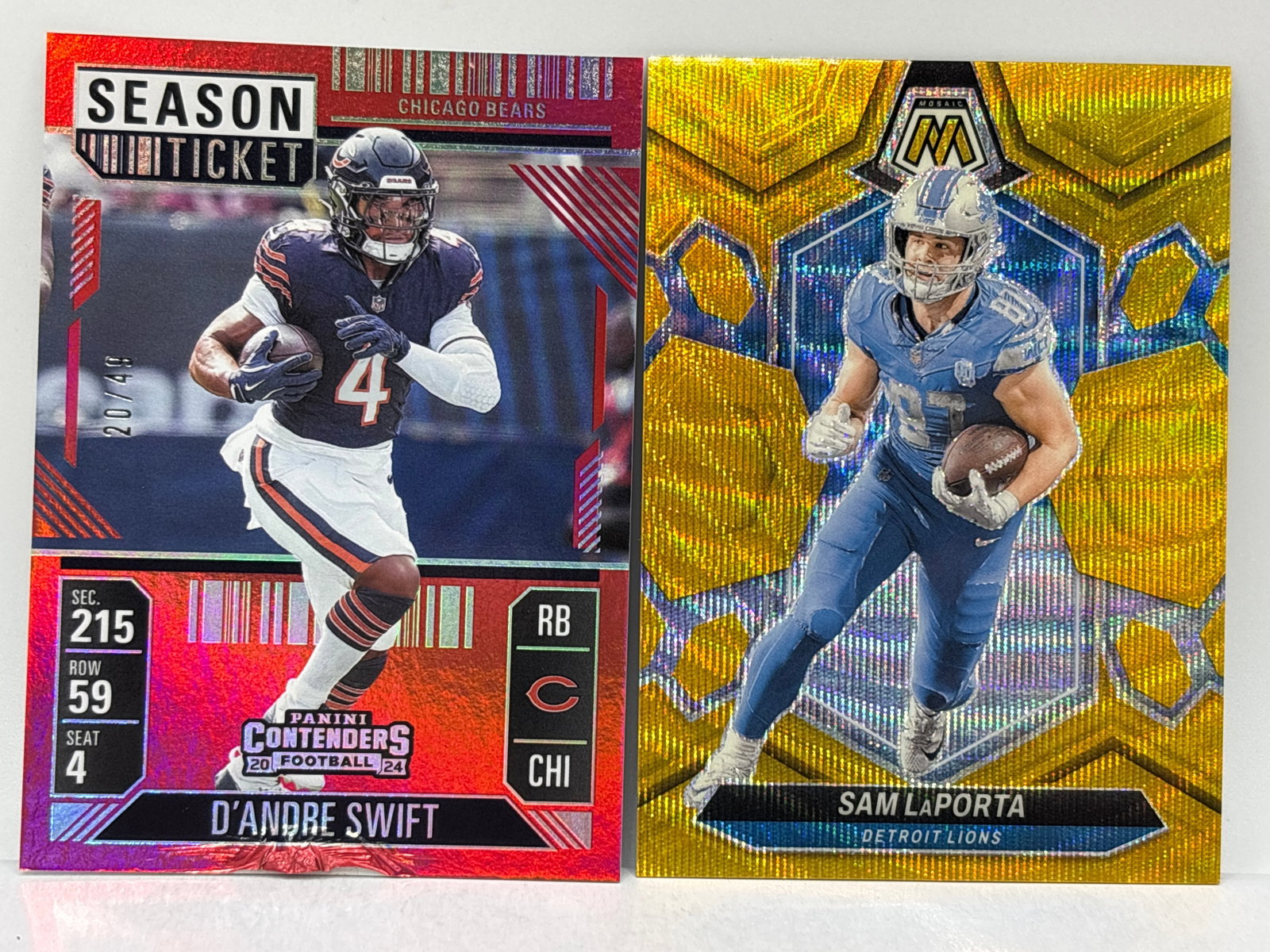 17/17!! 2024 GOLD SAM LAPORTA GOLD WAVE PRIZM HOLO & 20/49 2024 CONTENDERS D’ANDRE SWIFT DAMAGED: Swift has surface damage on front bottom LAPORTA has small crease top left on back