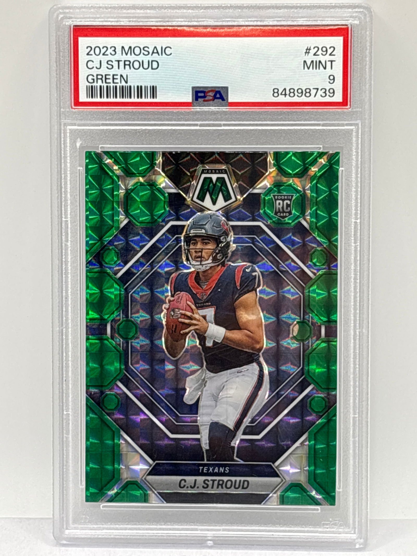 2023 PANINI MOSAIC CJ STROUD GREEN PRIZM HOLO ROOKIE CARD PSA MINT 9 (1 of 3)