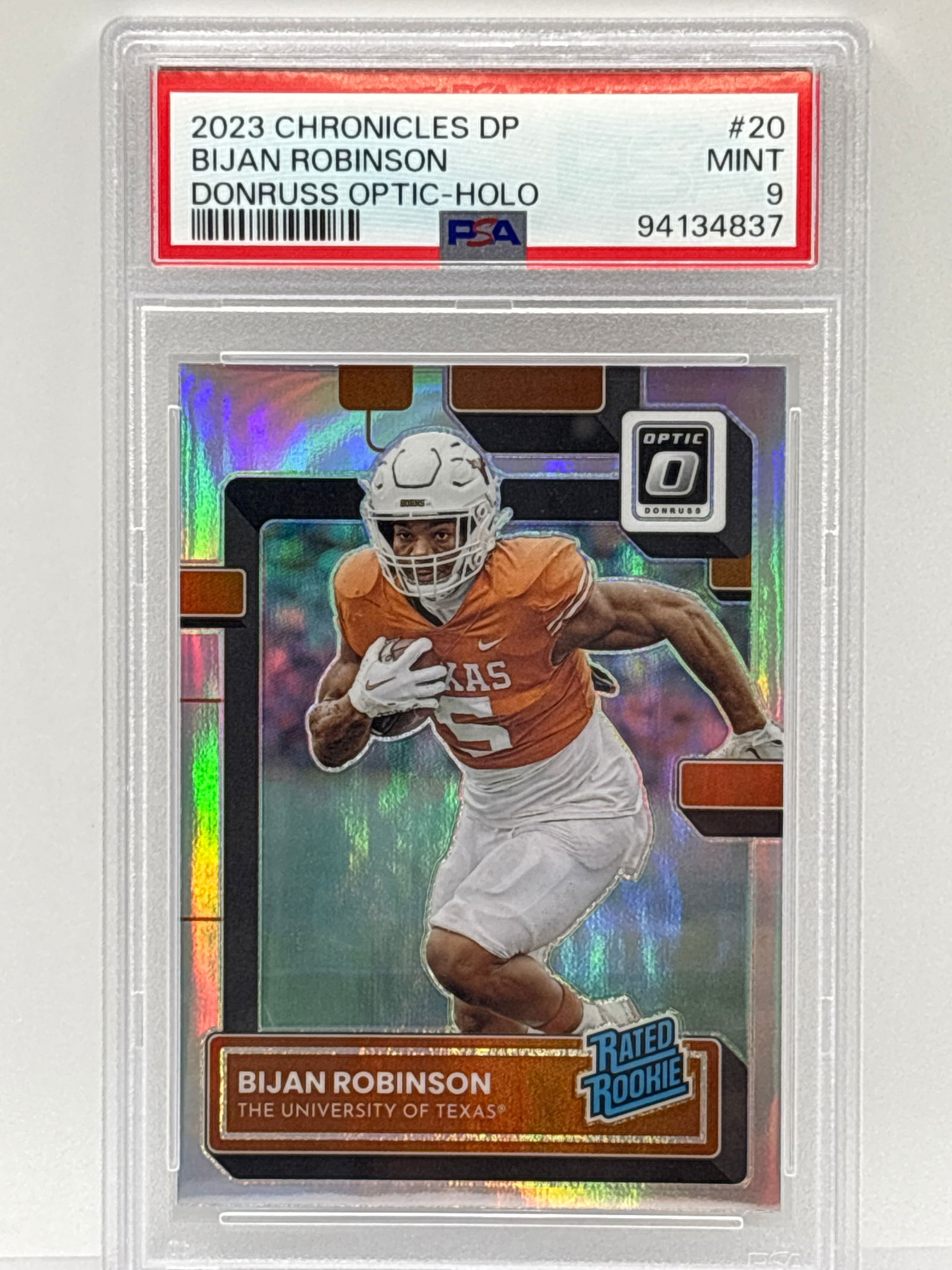 2023 PANINI CHRONICLES DONRUSS OPTIC DRAFT PICKS BIJAN ROBINSON SILVER PRIZM HOLO RC PSA MINT 9 (1 of 4)