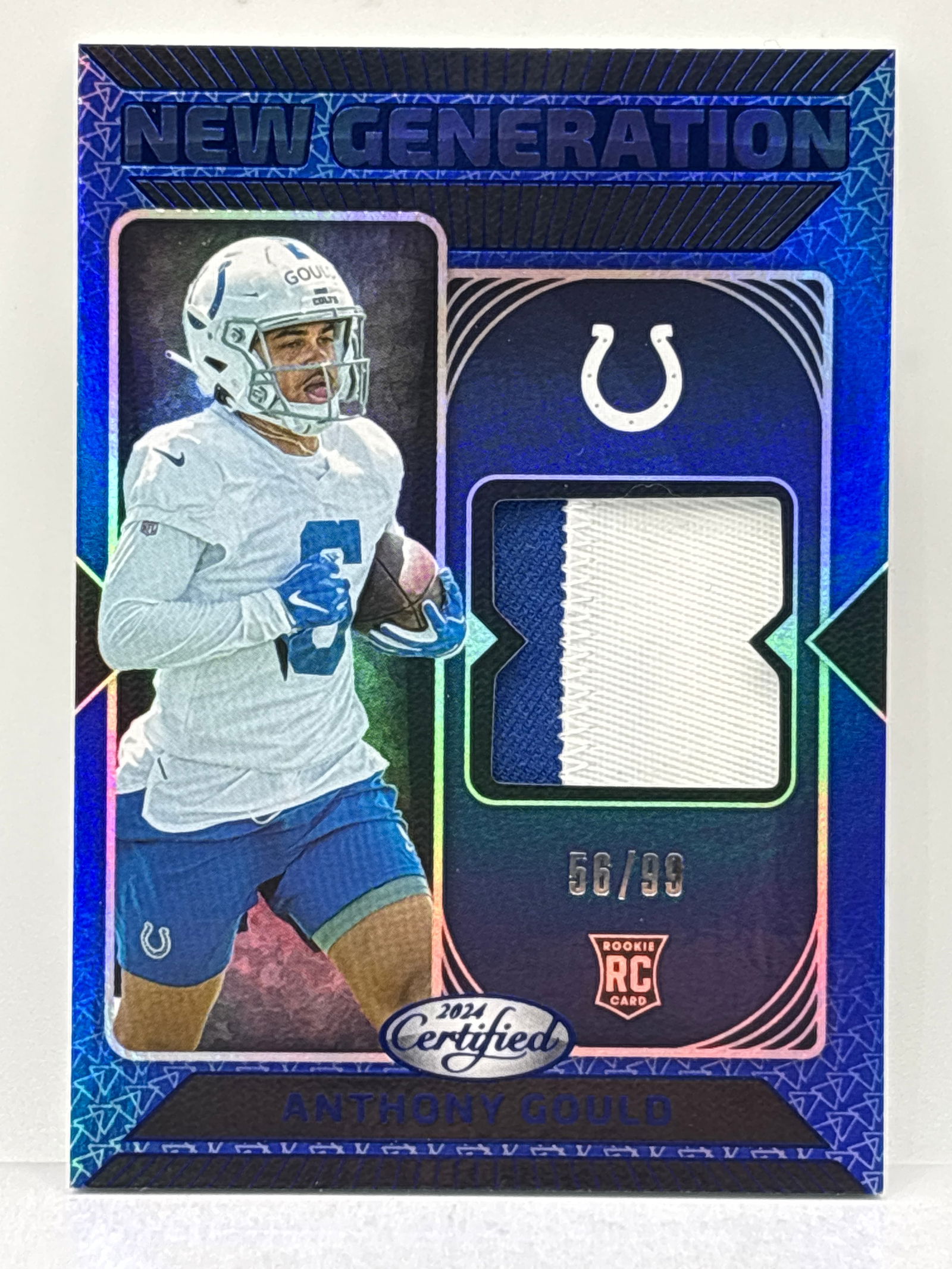 56/99!! 2024 PANINI CERTIFIED NEW GENERATION ANTHONY GOULD AUTHENTIC 2-COLOR ROOKIE PATCH (1 of 4)