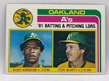 1982 TOPPS OAKLAND A’S 81 BATTING & PITCHING LEADERS RICKEY HENDERSON & STEVE MCCATTY