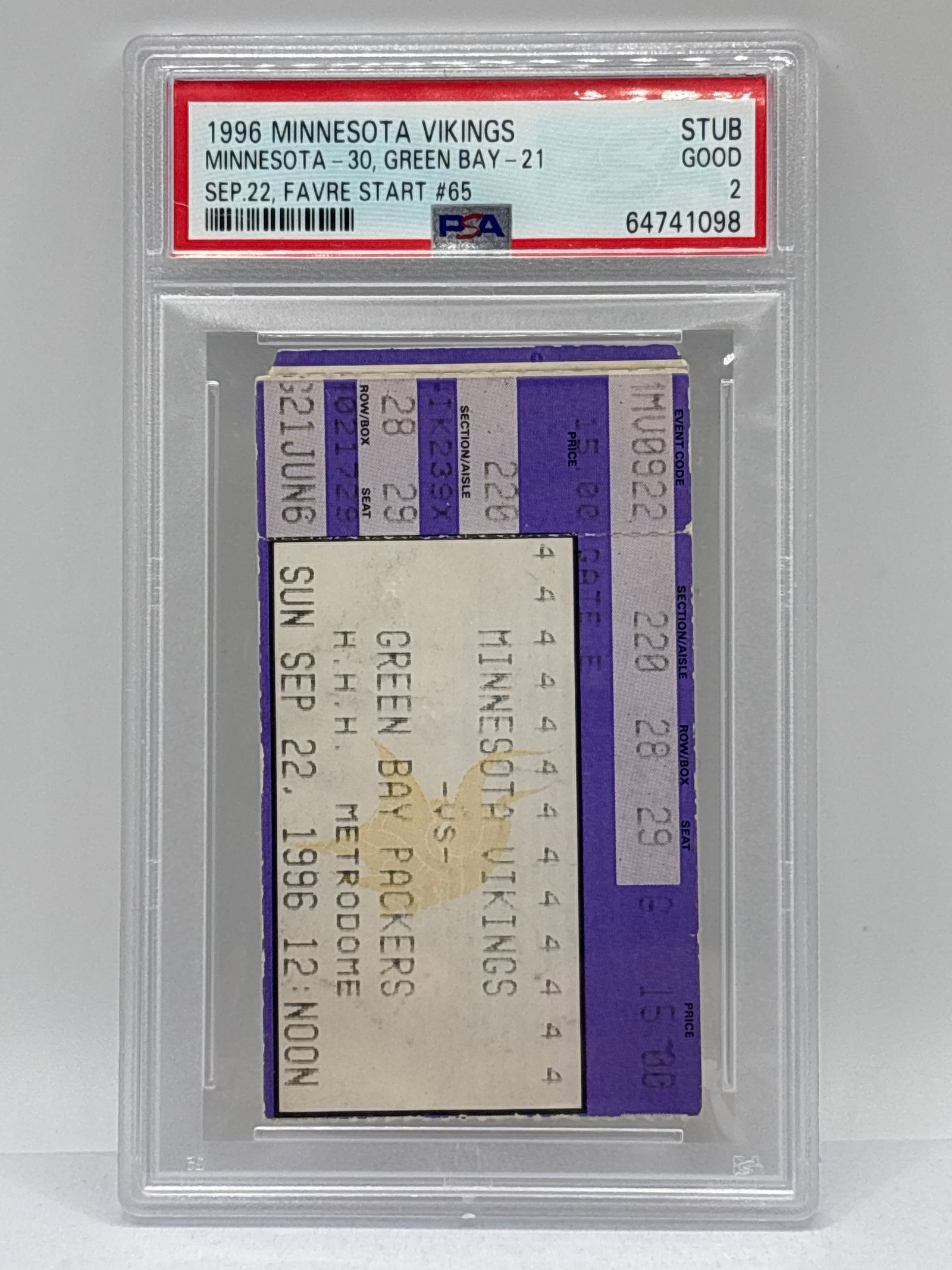 1996 MINNESOTA VIKINGS VS GREEN BAY PACKERS 9/22/96 TICKET STUB PSA GOOD 2: 1996 MINNESOTA VIKINGS VS GREEN BAY PACKERS 9/22/96 TICKET STUB PSA GOOD 2