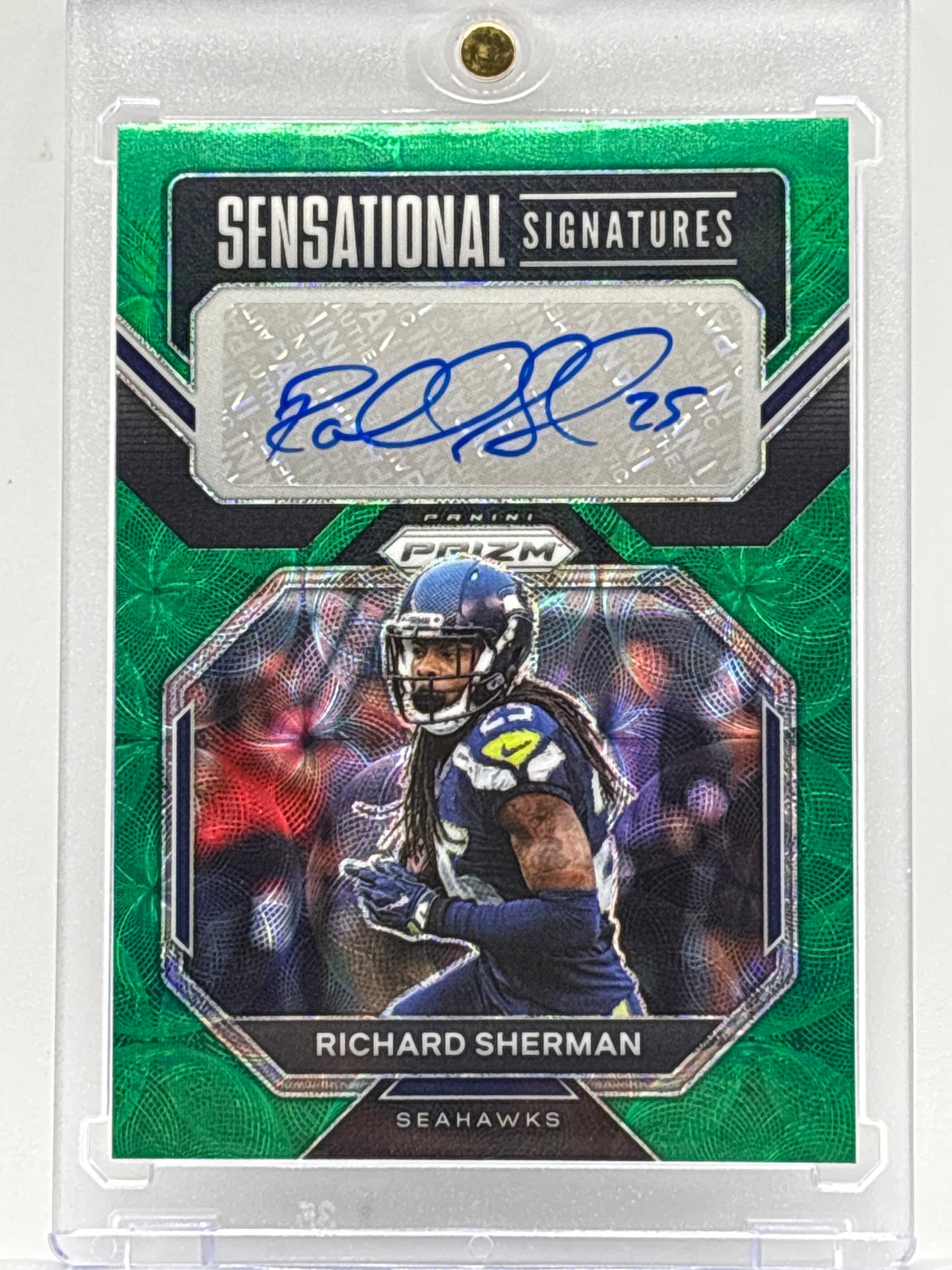 17/49!! 2022 PANINI PRIZM SENSATIONAL SIGNATURES RICHARD SHERMAN GREEN SCOPE AUTOGRAPHED PRIZM HOLO: 17/49!! 2022 PANINI PRIZM SENSATIONAL SIGNATURES RICHARD SHERMAN GREEN SCOPE AUTOGRAPHED PRIZM HOLO