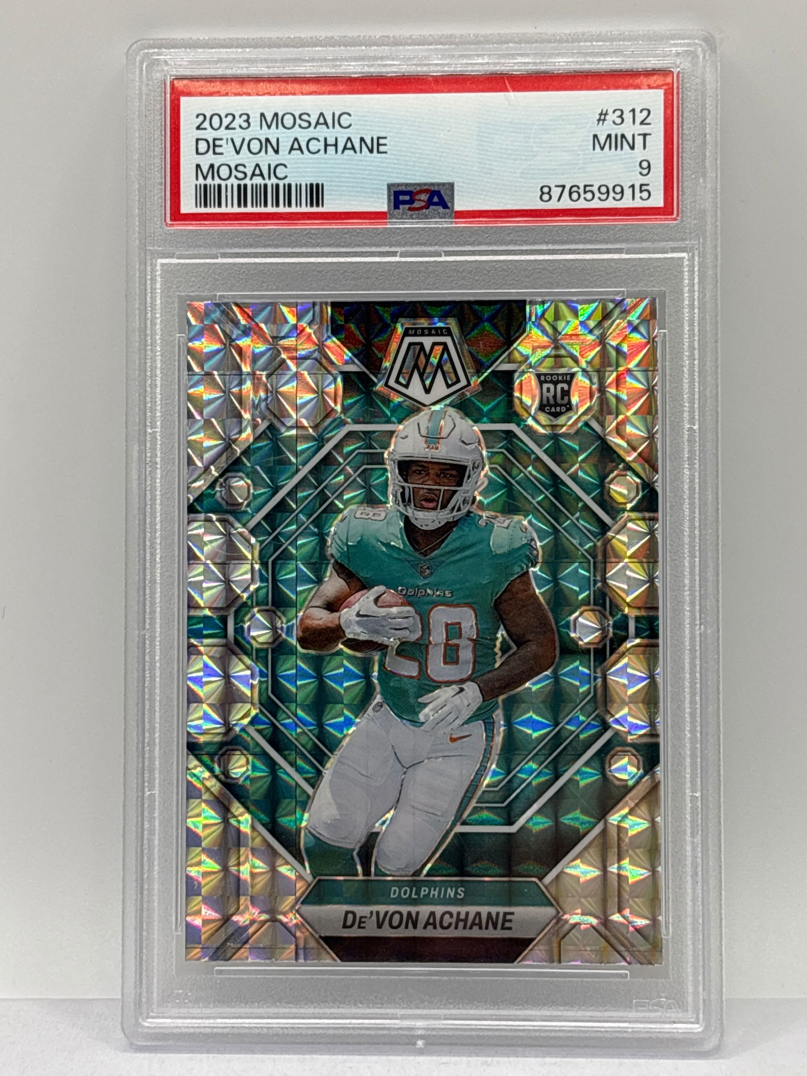 2023 PANINI MOSAIC DE’VON ACHANE SILVER PRIZM HOLO ROOKIE CARD GRADED PSA MINT 9: 2023 PANINI MOSAIC DE’VON ACHANE SILVER PRIZM HOLO ROOKIE CARD GRADED PSA MINT 9