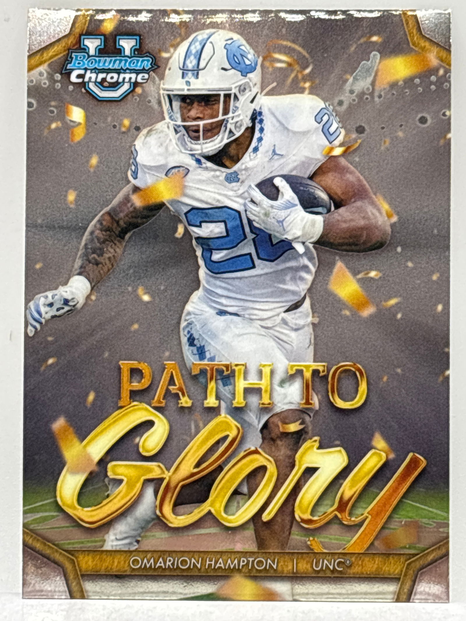 2024 BOWMAN UNIVERSITY CHROME OMARION HAMPTON PATH TO GLORY INSERT ROOKIE CARD (1 of 2)