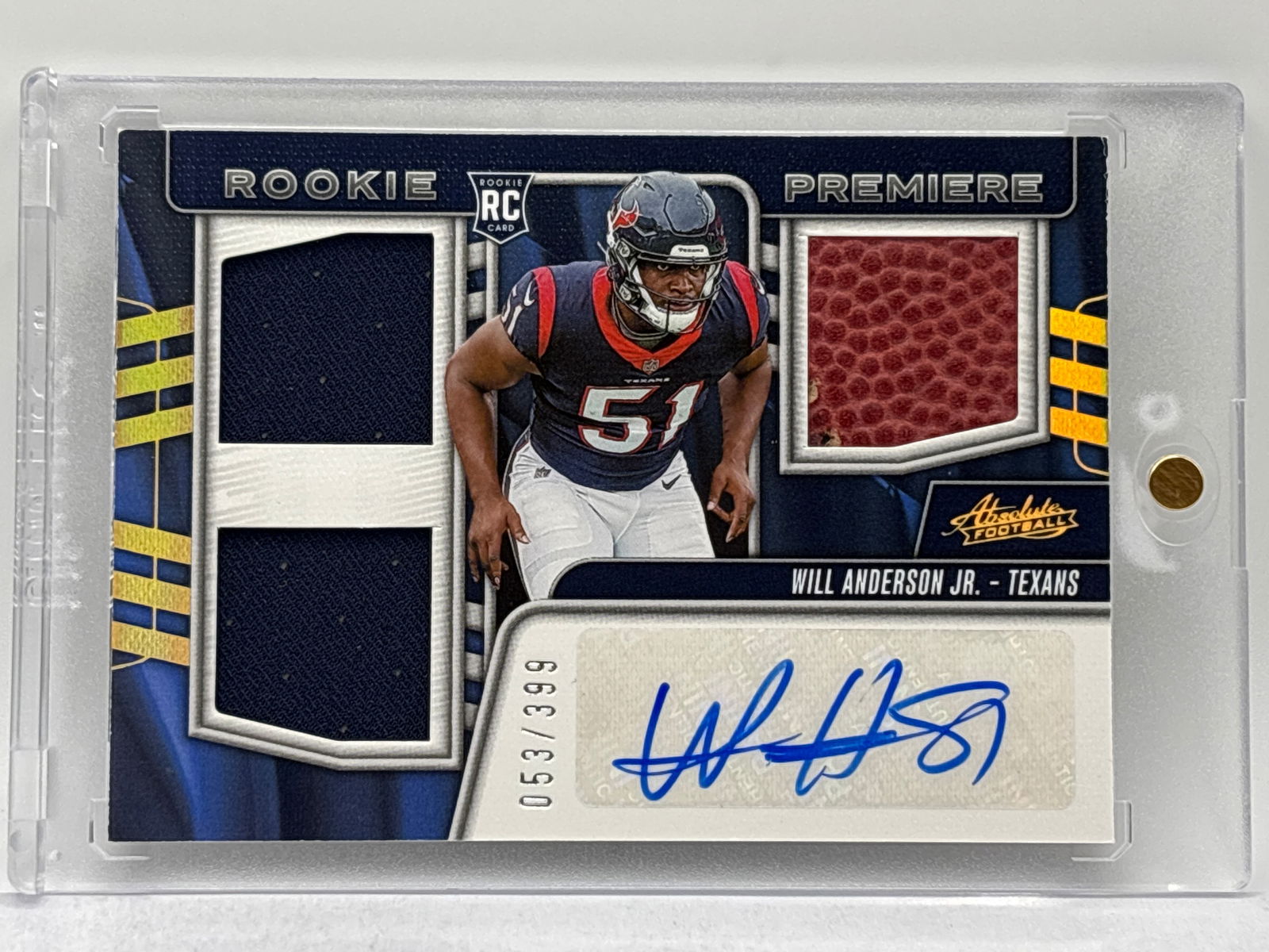 53/399!! 2023 PANINI ABSOLUTE ROOKIE PREMIERE WILL ANDERSON ROA TRIPLE RELIC AUTOGRAPHED ROOKIE CARD (1 of 4)