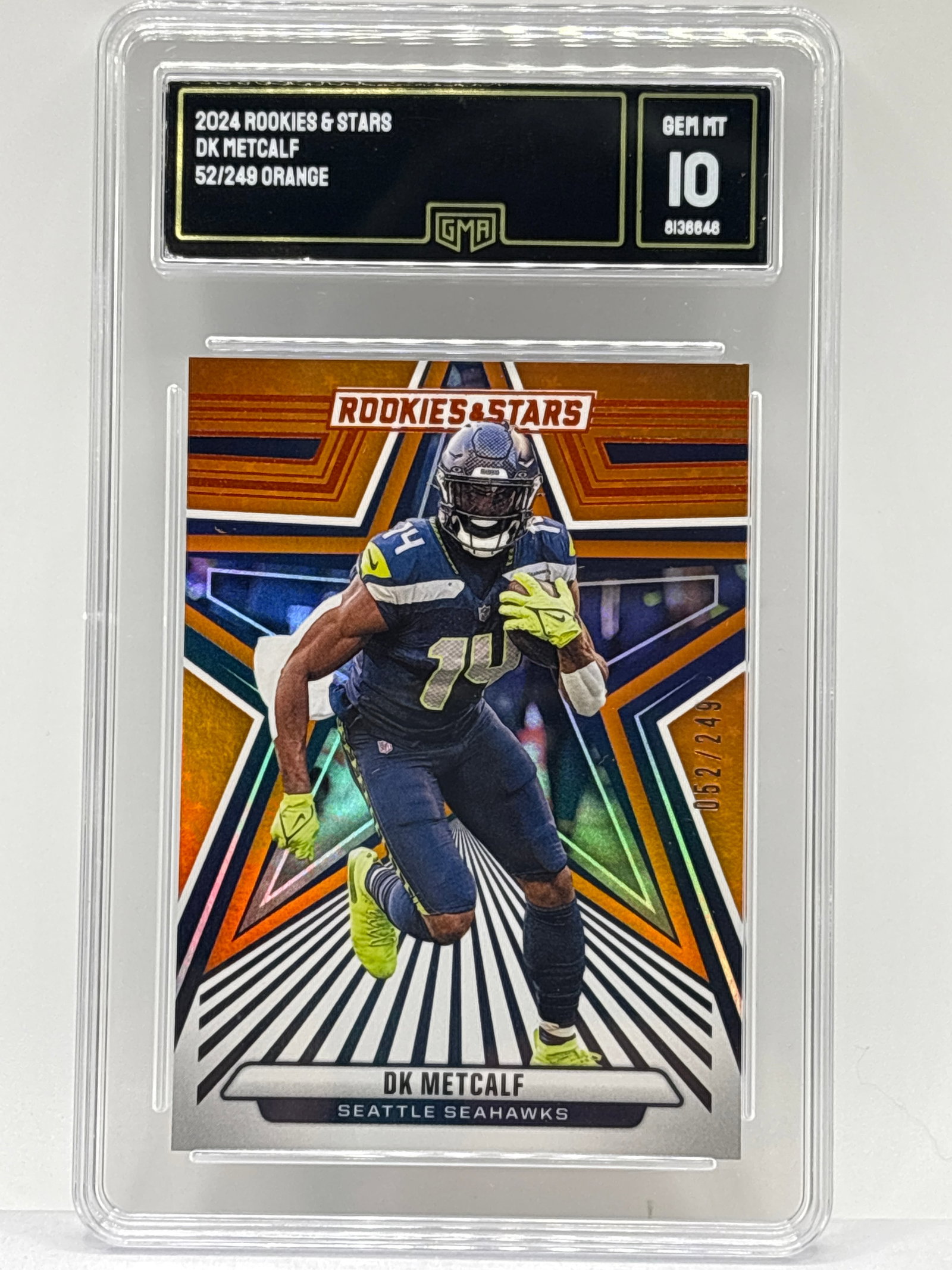 52/249!! 2024 PANINI ROOKIES & STARS DK METCALF ORANGE GRADED GMA GEM MINT 10 (1 of 4)